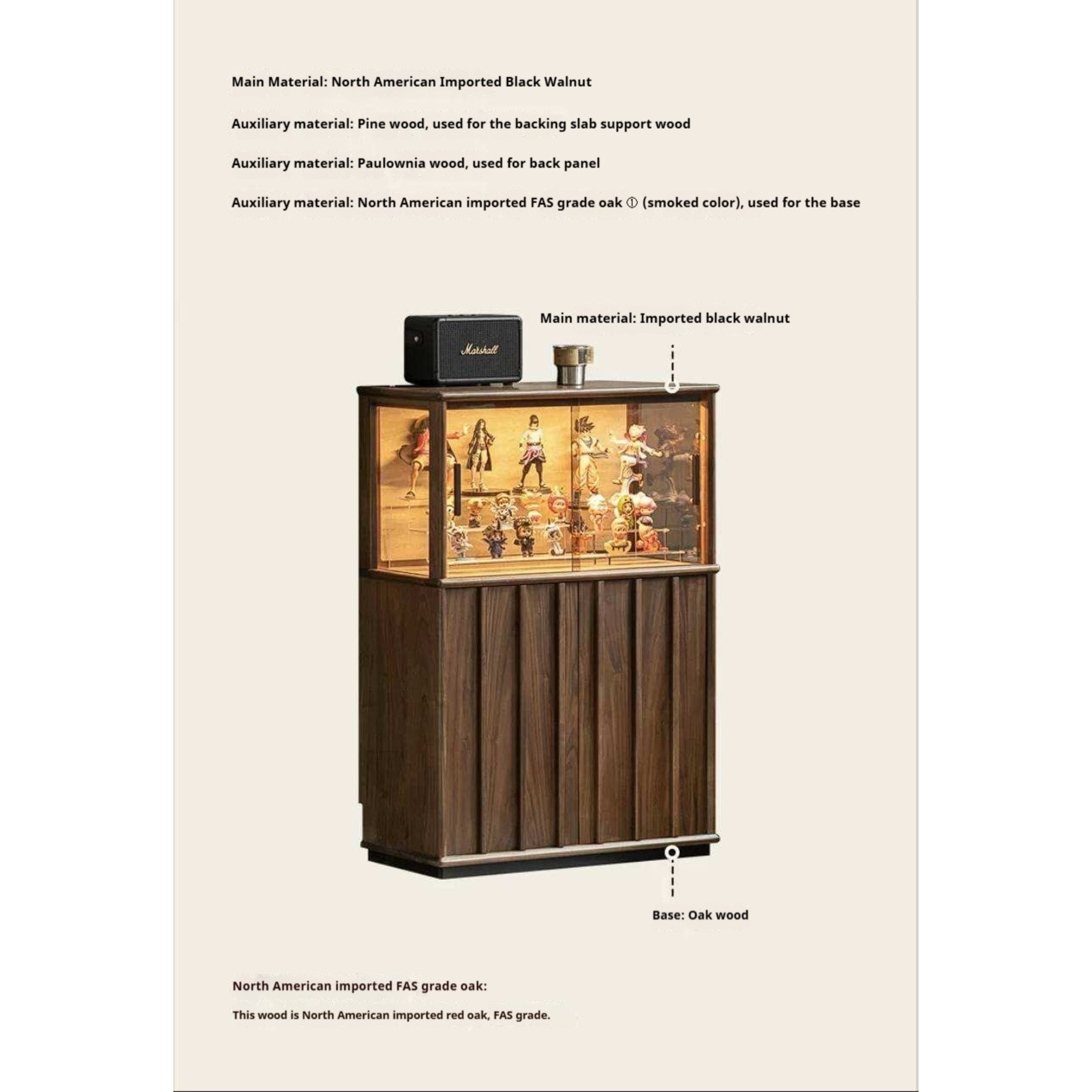 Black Walnut, Oak Solid Wood Side Cabinet with Modern Casual Display Design