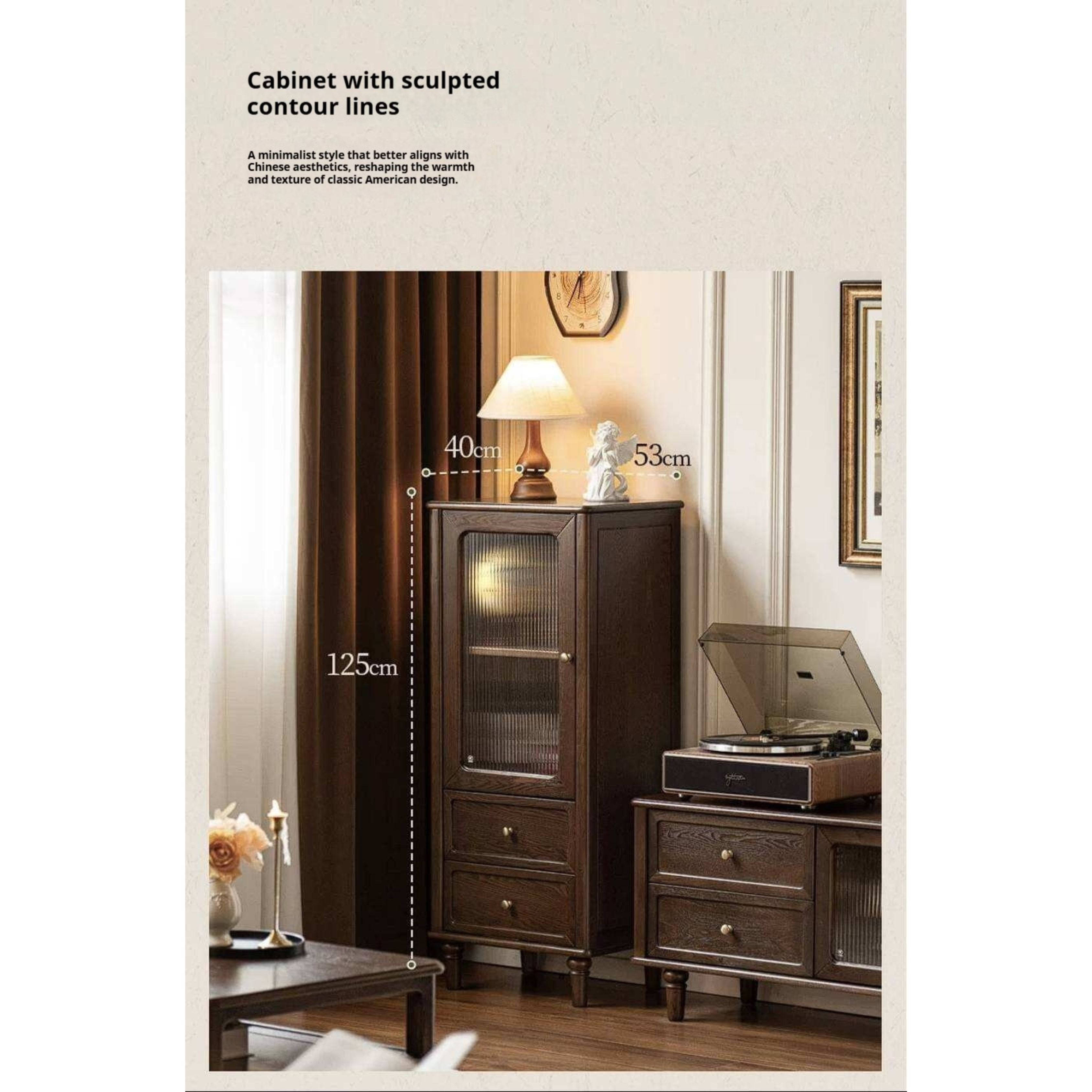 Ash Solid Wood Side Display Cabinet with Fluted Glass Doors