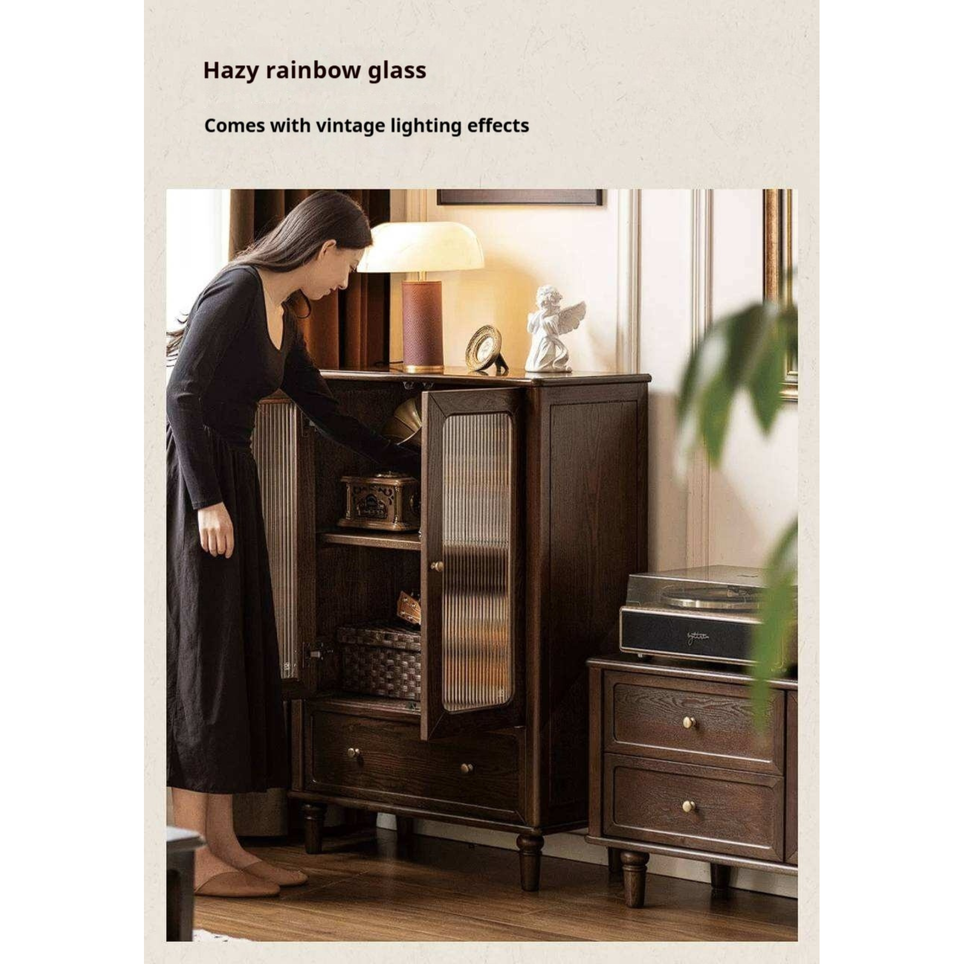 Ash Solid Wood Side Display Cabinet with Fluted Glass Doors