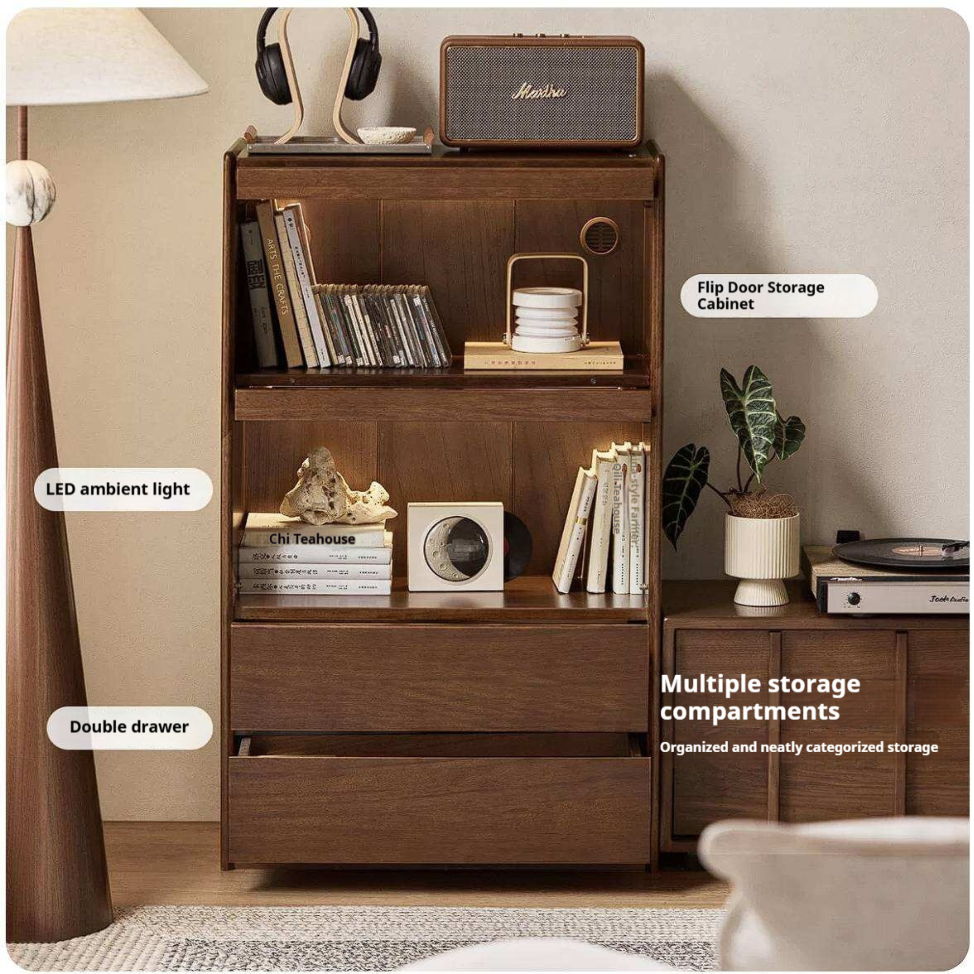 Golden Pearwood Solid Wood Side Cabinet with Lighted Display and Flip Door