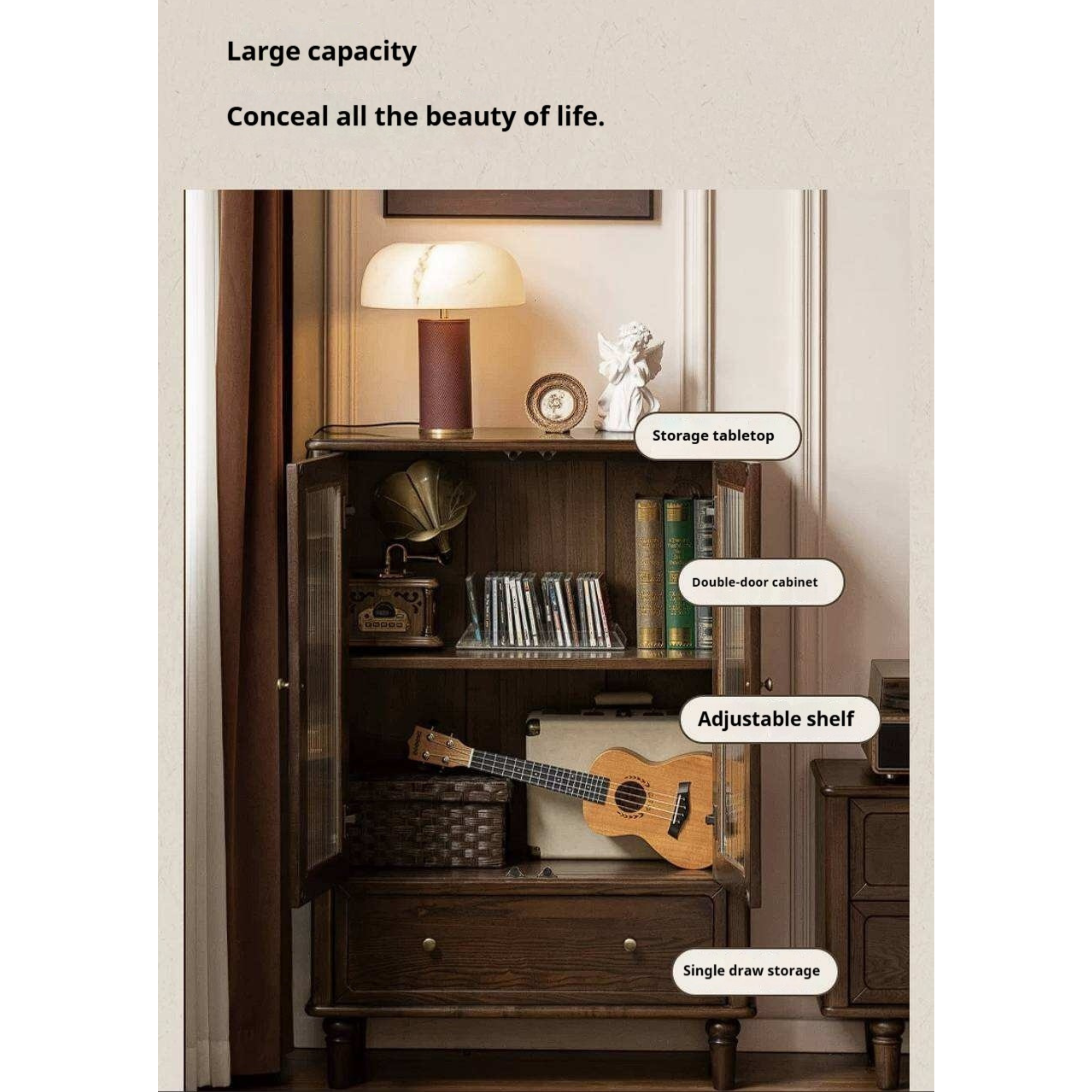 Ash Solid Wood Side Display Cabinet with Fluted Glass Doors