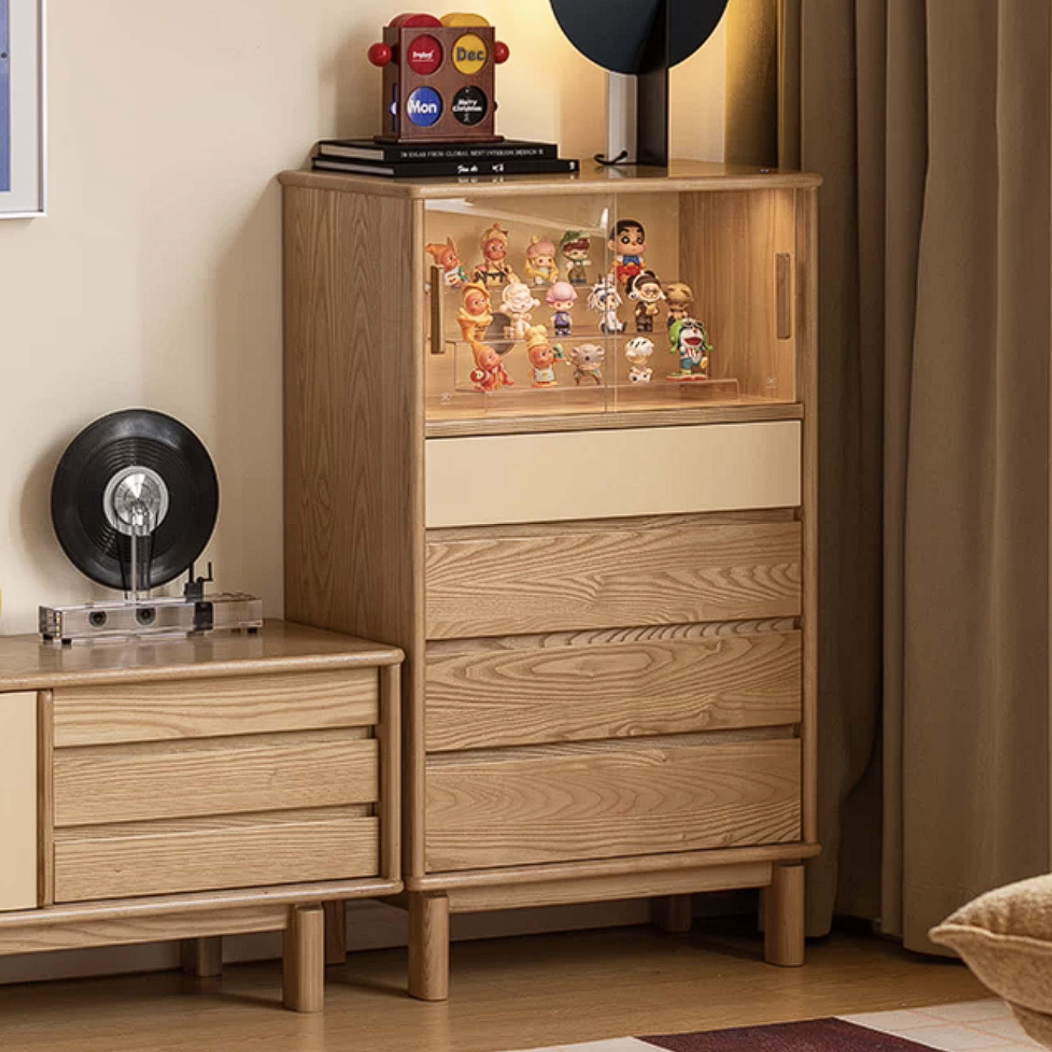 Ash Wood Solid Wood Side Cabinet with Glass and Light Showcase