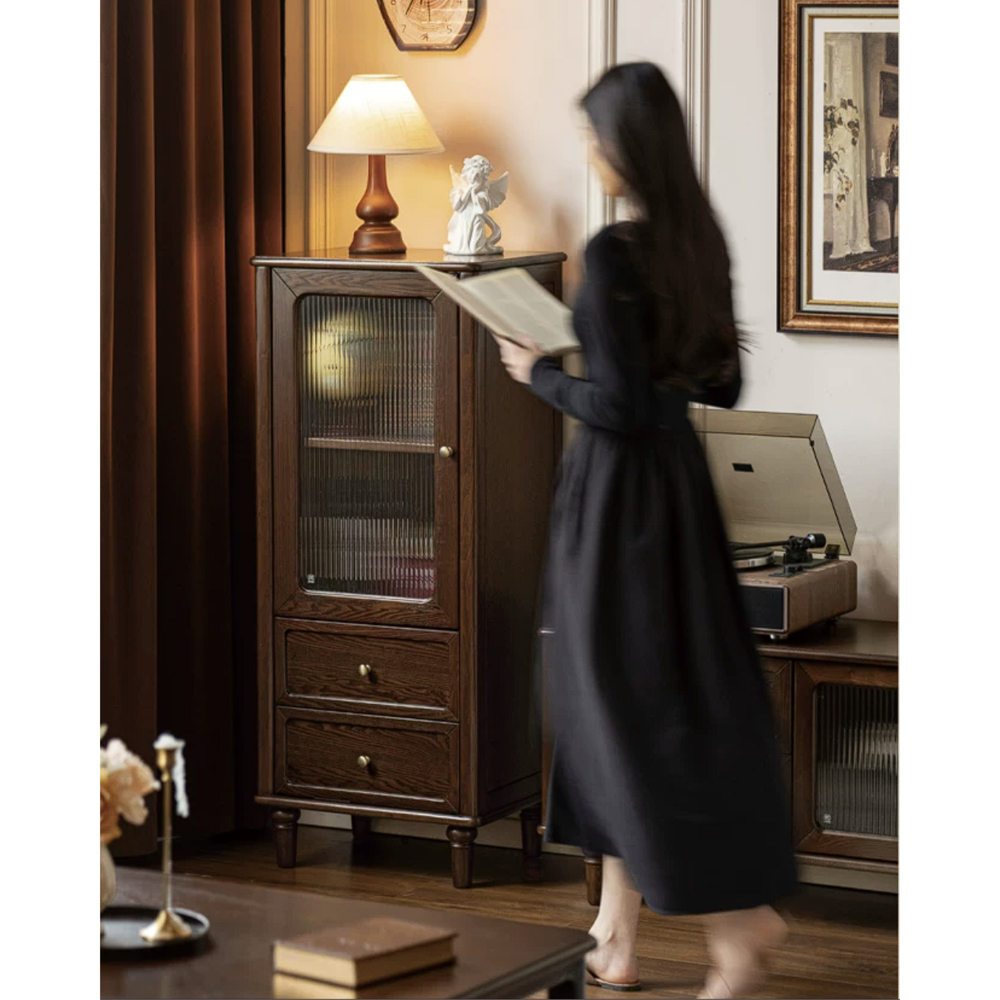 Ash Solid Wood Side Display Cabinet with Fluted Glass Doors