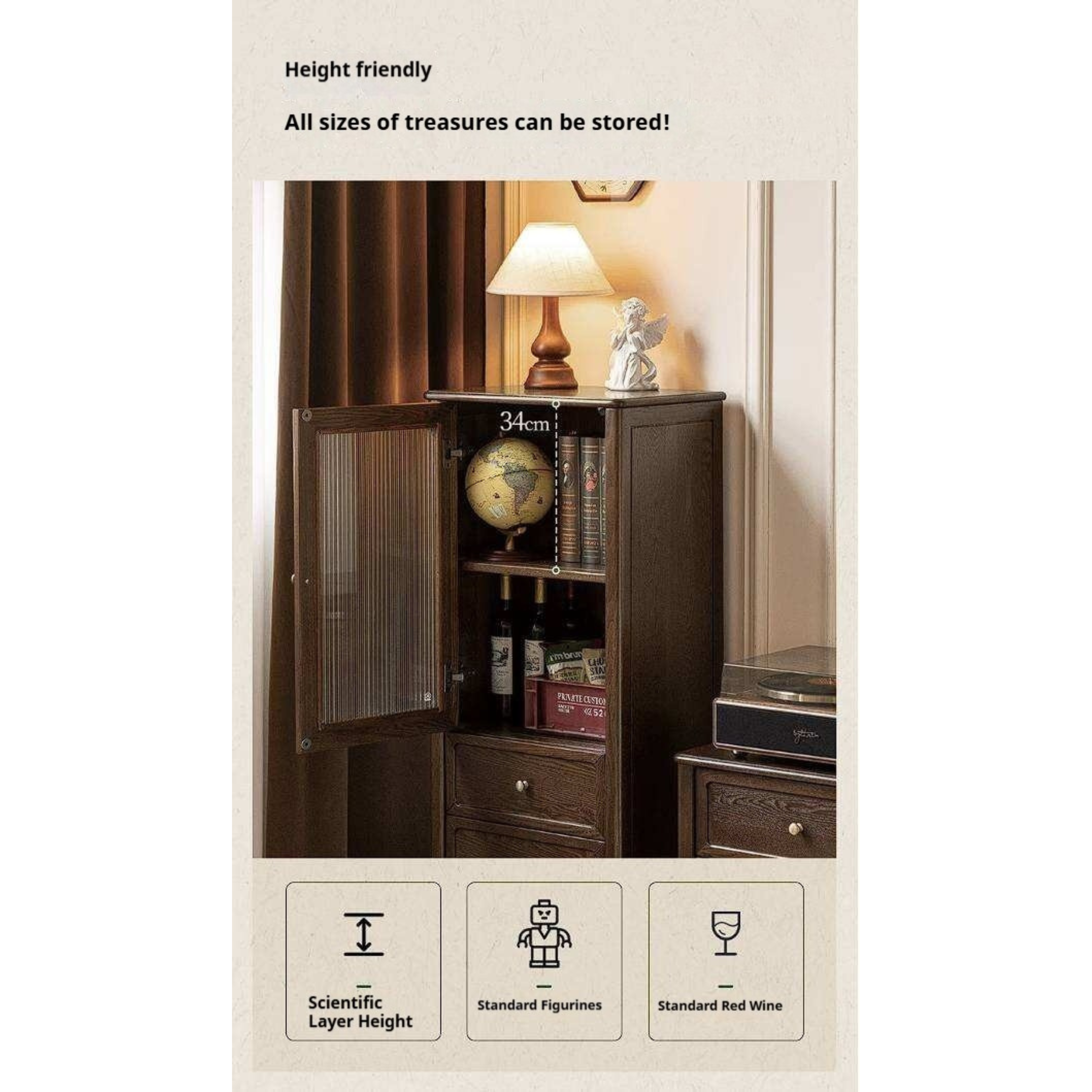 Ash Solid Wood Side Display Cabinet with Fluted Glass Doors