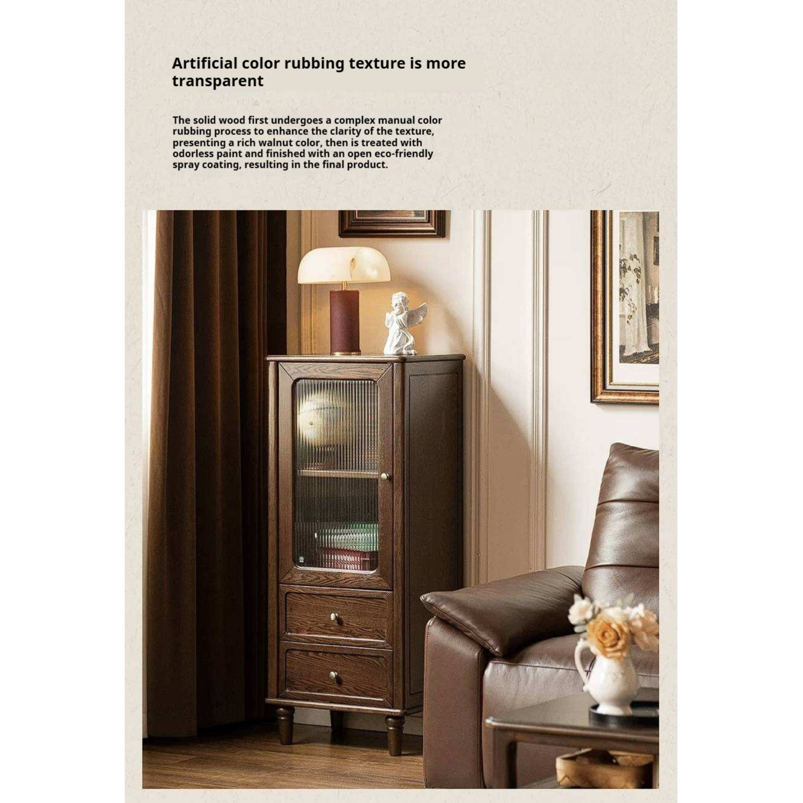 Ash Solid Wood Side Display Cabinet with Fluted Glass Doors