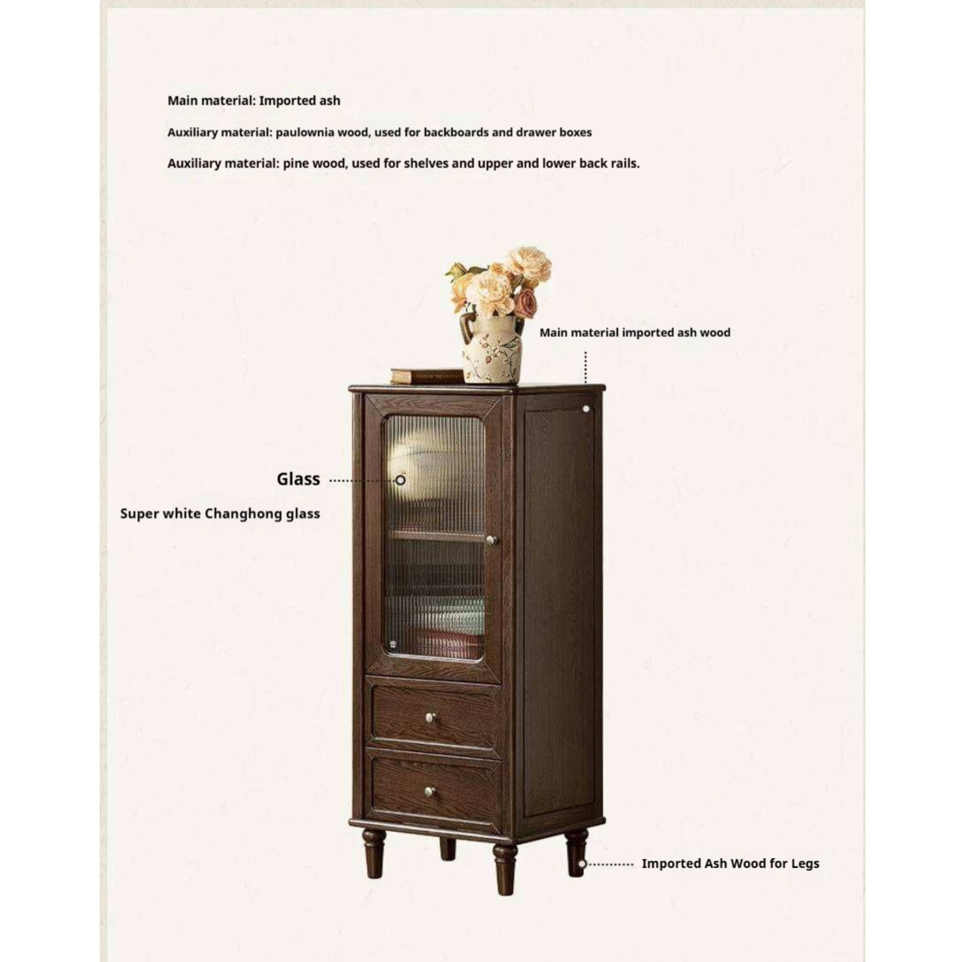 Ash Solid Wood Side Display Cabinet with Fluted Glass Doors