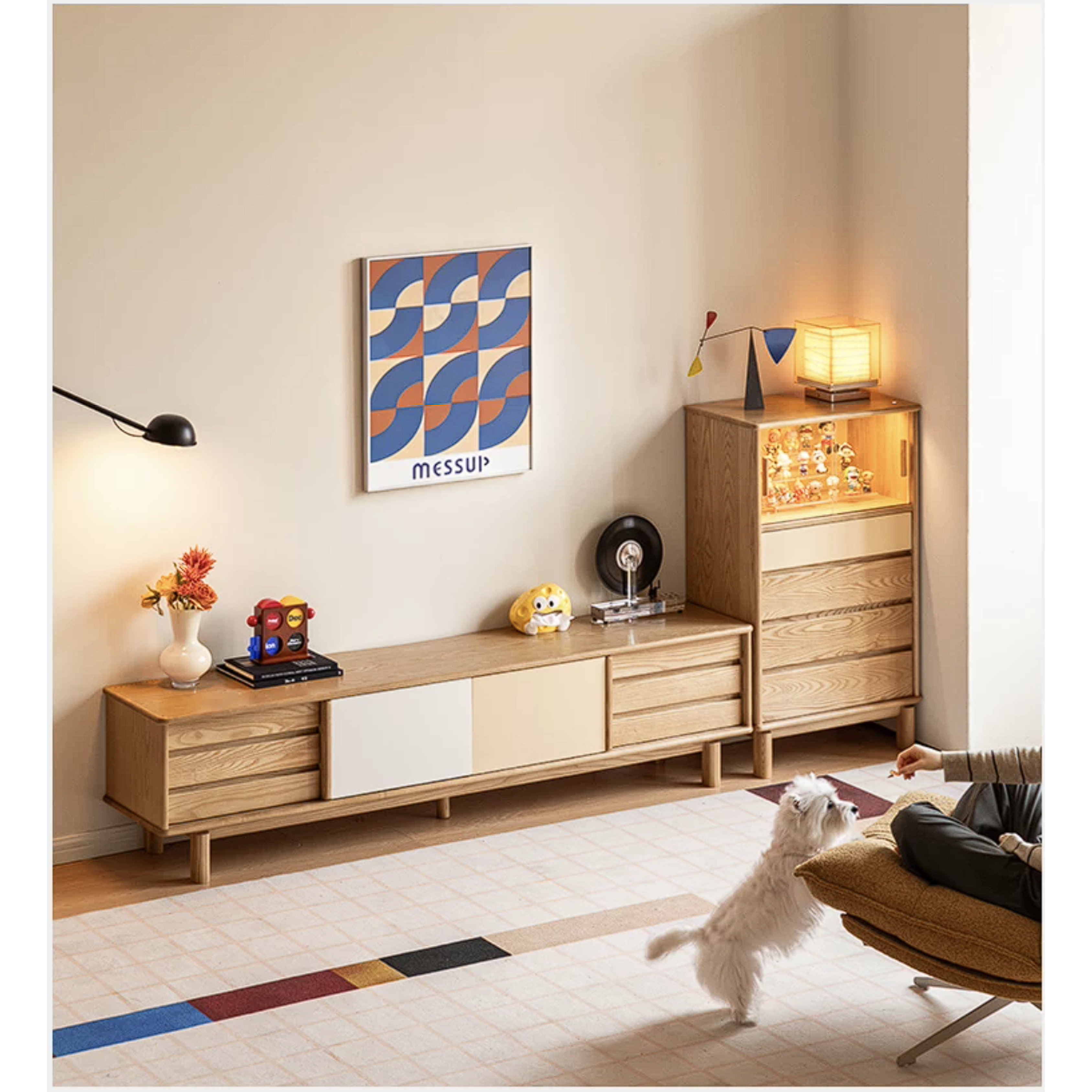 Ash Wood Solid Wood Side Cabinet with Glass and Light Showcase