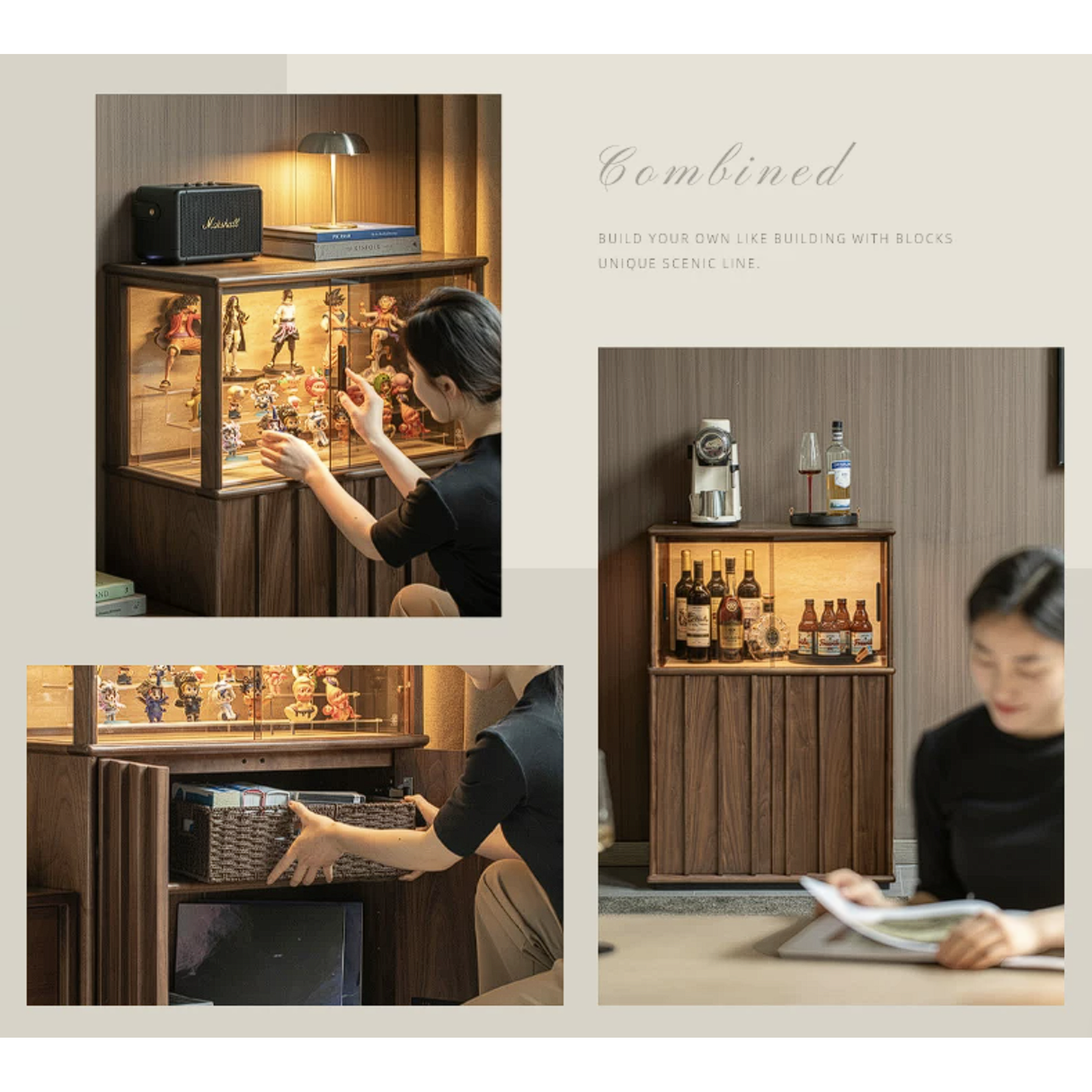 Black Walnut, Oak Solid Wood Side Cabinet with Modern Casual Display Design