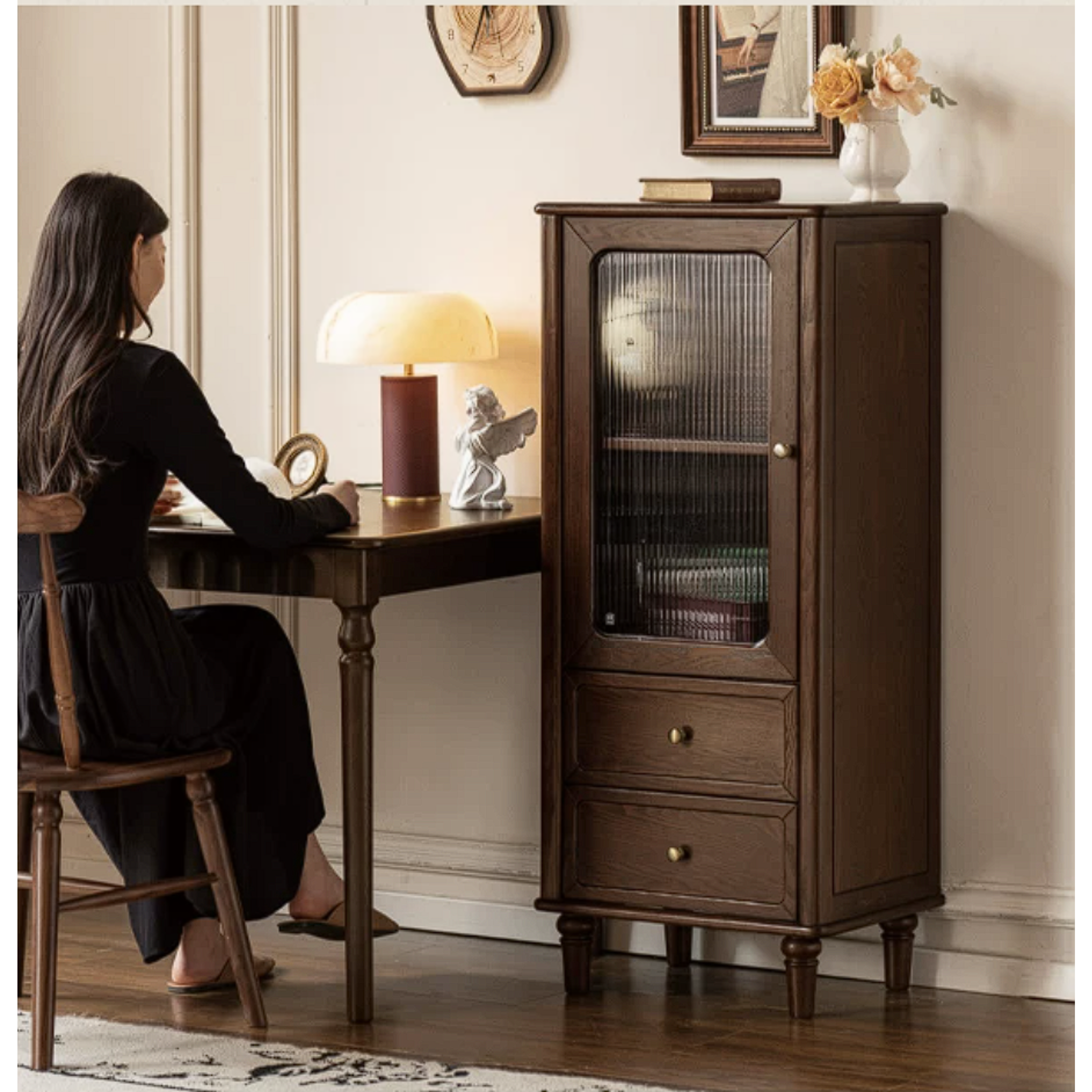 Ash Solid Wood Side Display Cabinet with Fluted Glass Doors