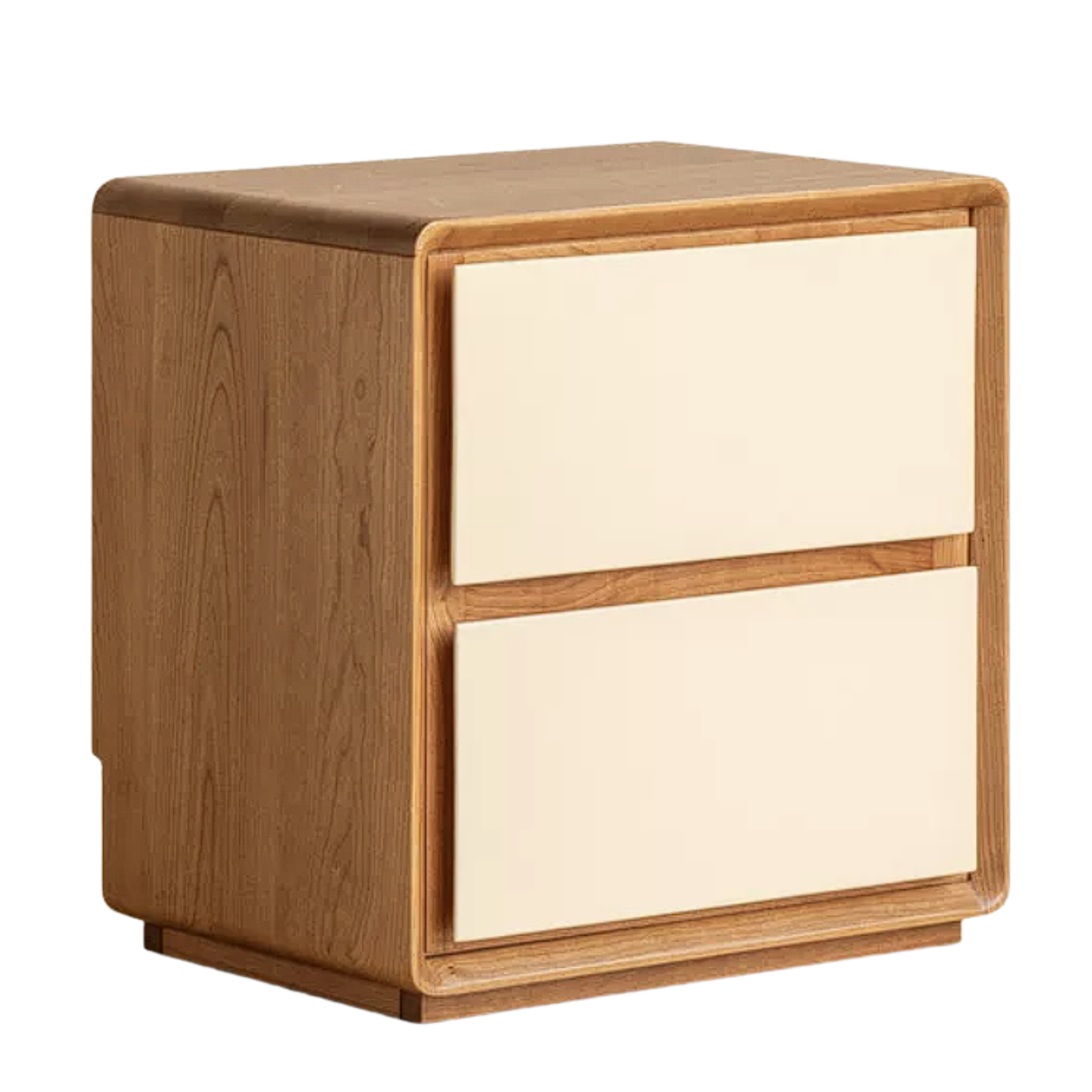 Cherry Solid Wood, Solid Rubberwood Mid-Century Modern Nightstand with 2 Drawers and Rounded Frame