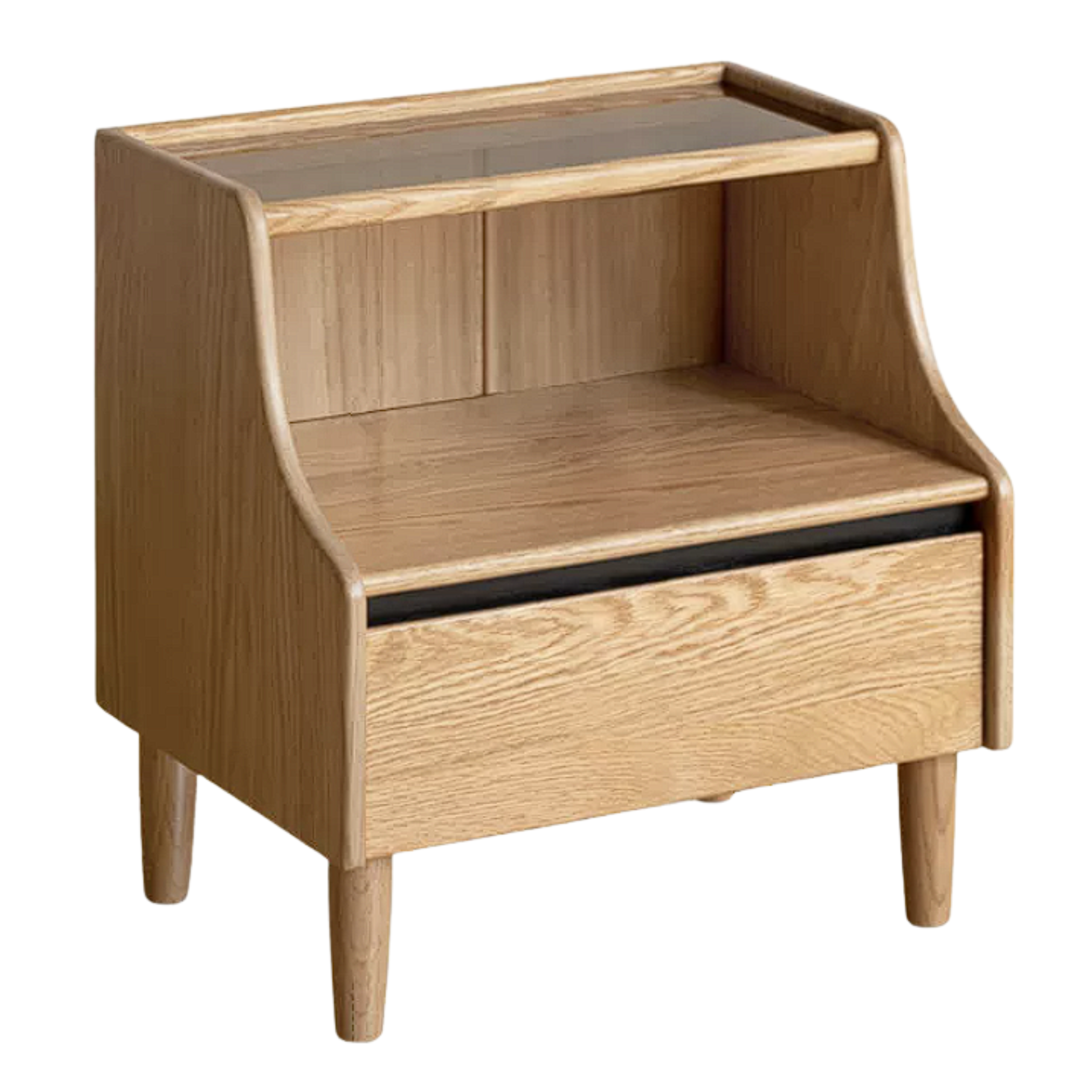 Solid RubberWood, Oak Solid Wood Nightstand with Glass Door with Storage