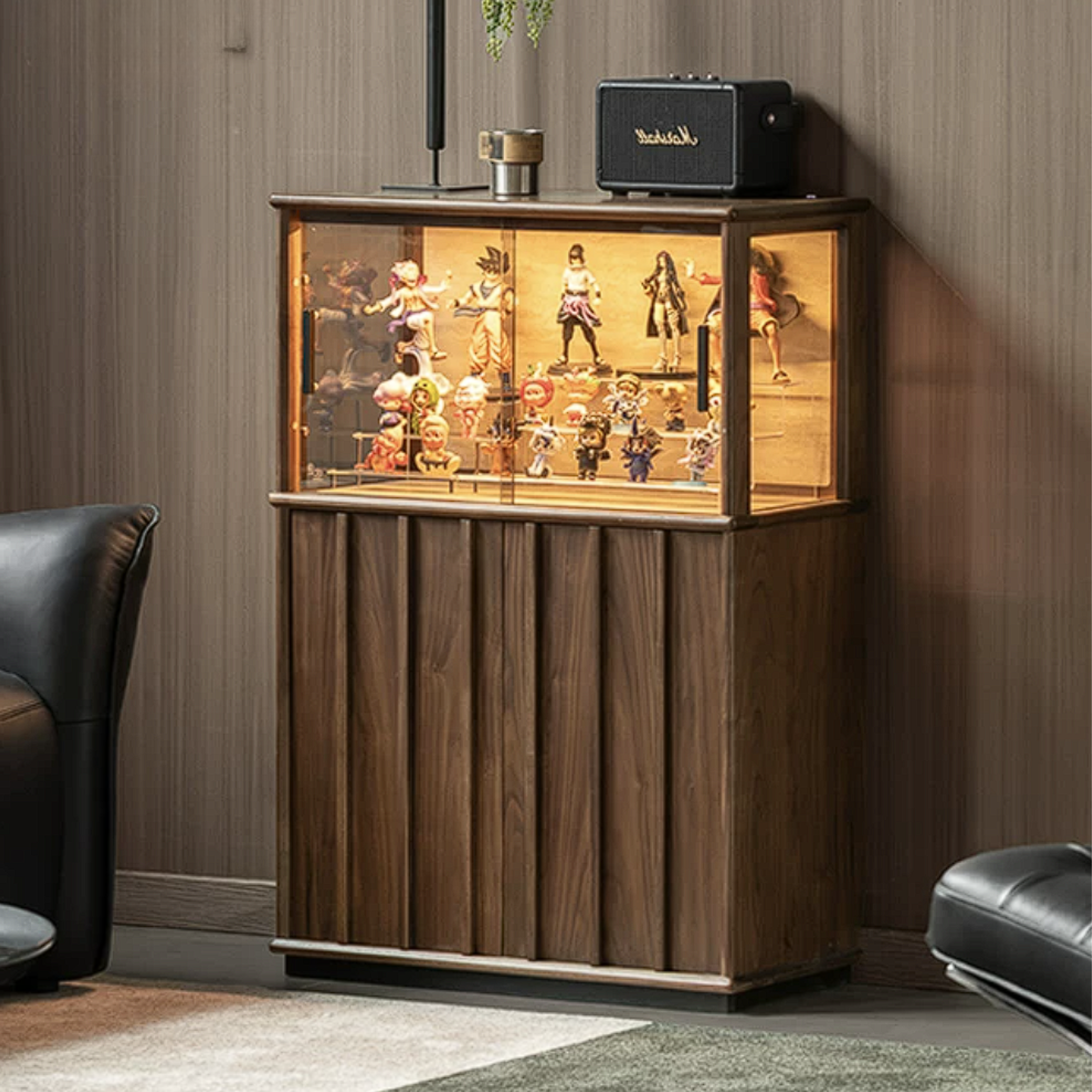 Black Walnut, Oak Solid Wood Side Cabinet with Modern Casual Display Design