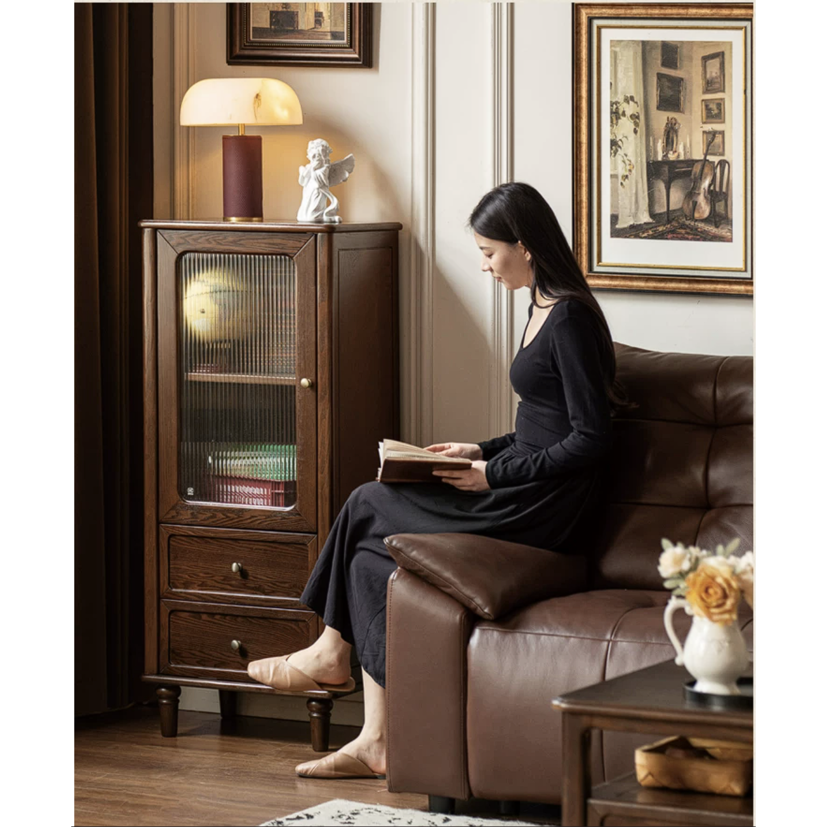 Ash Solid Wood Side Display Cabinet with Fluted Glass Doors