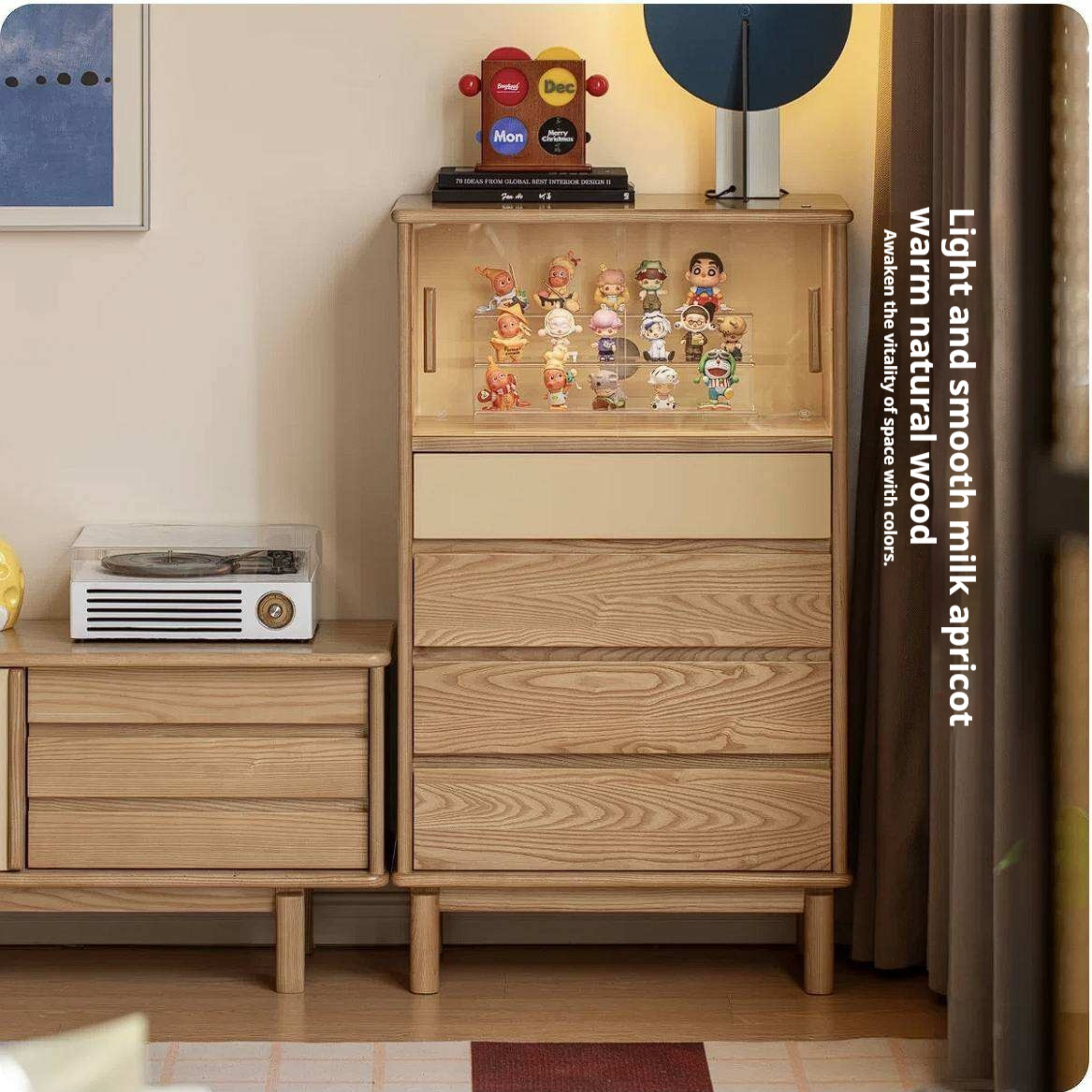 Ash Wood Solid Wood Side Cabinet with Glass and Light Showcase