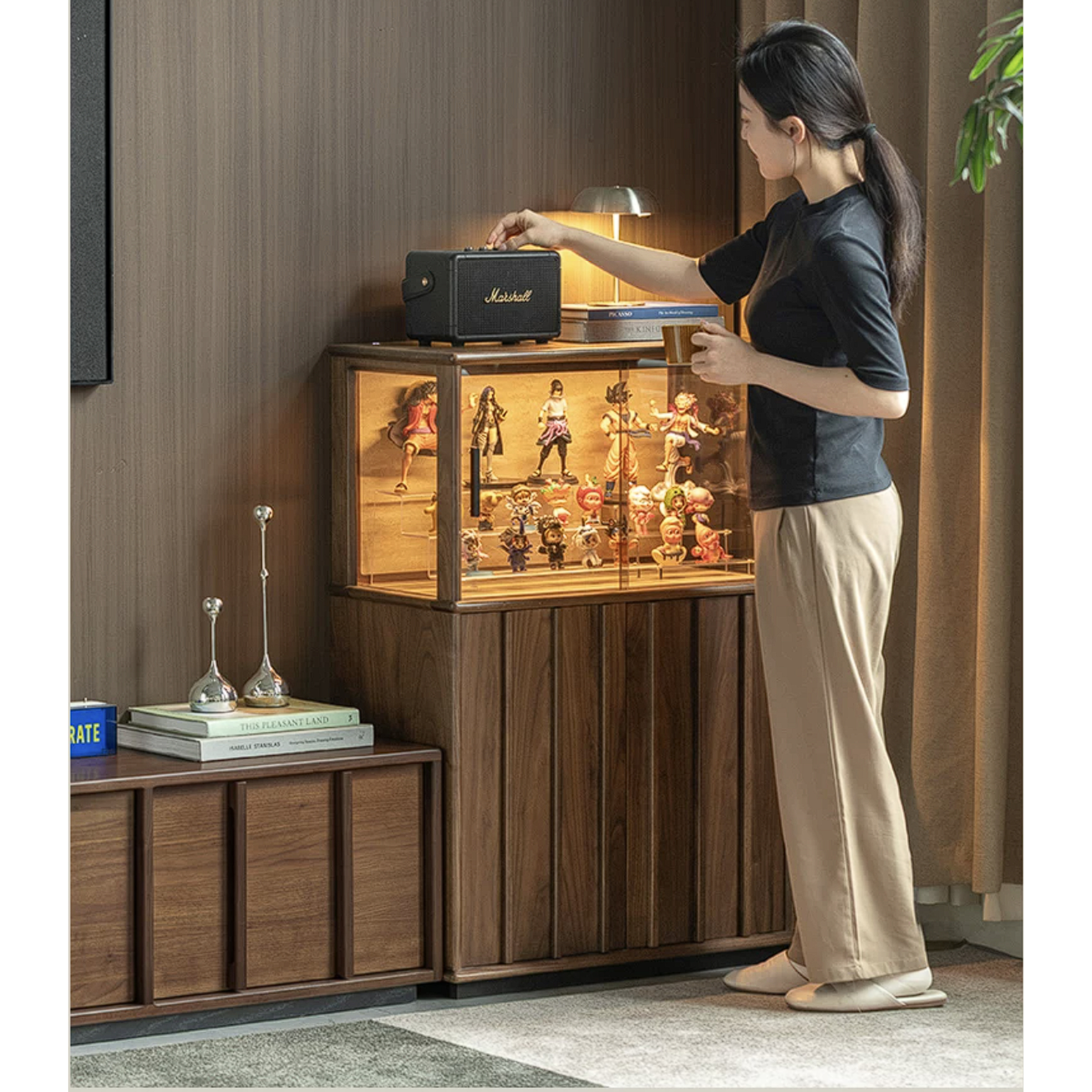 Black Walnut, Oak Solid Wood Side Cabinet with Modern Casual Display Design