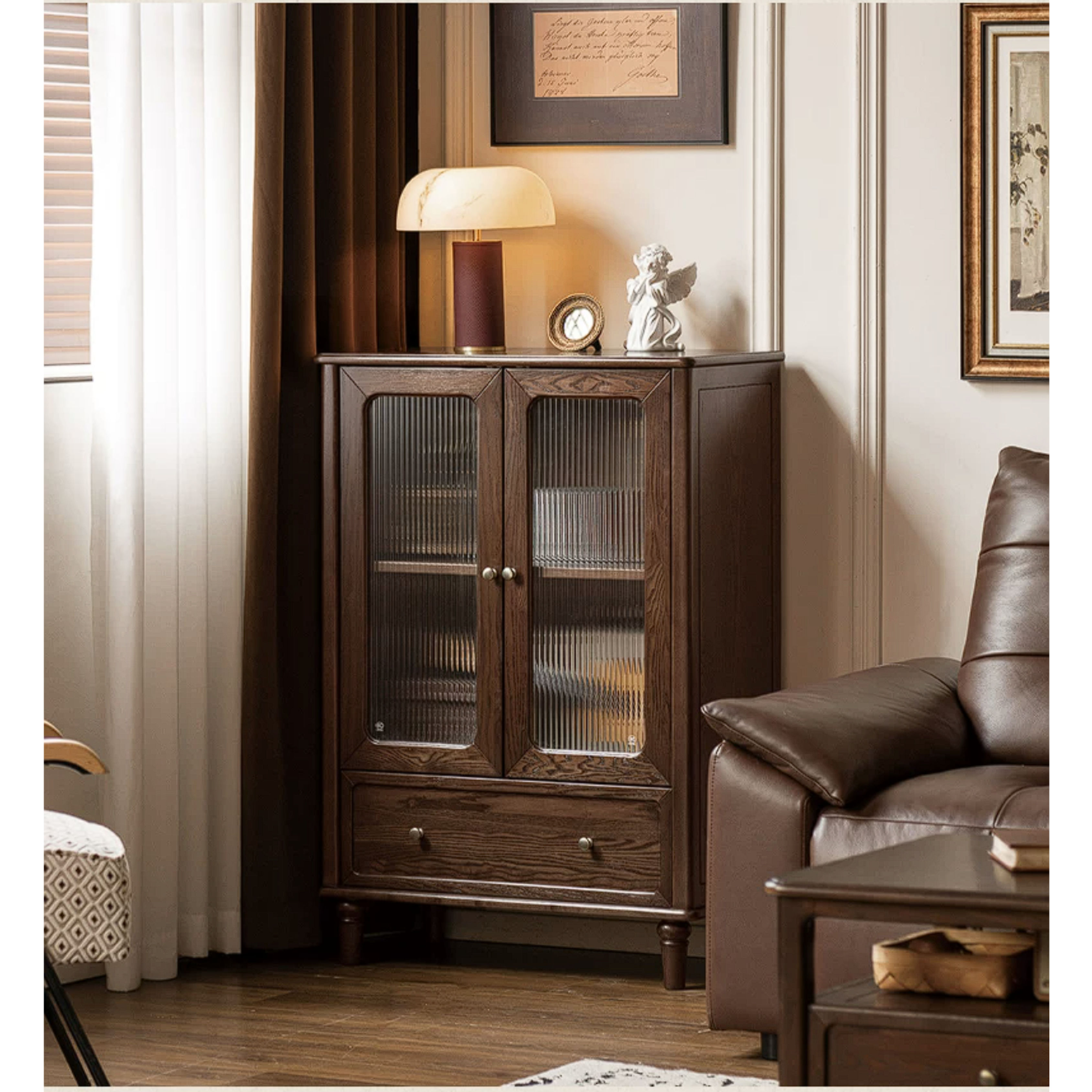 Ash Solid Wood Side Display Cabinet with Fluted Glass Doors
