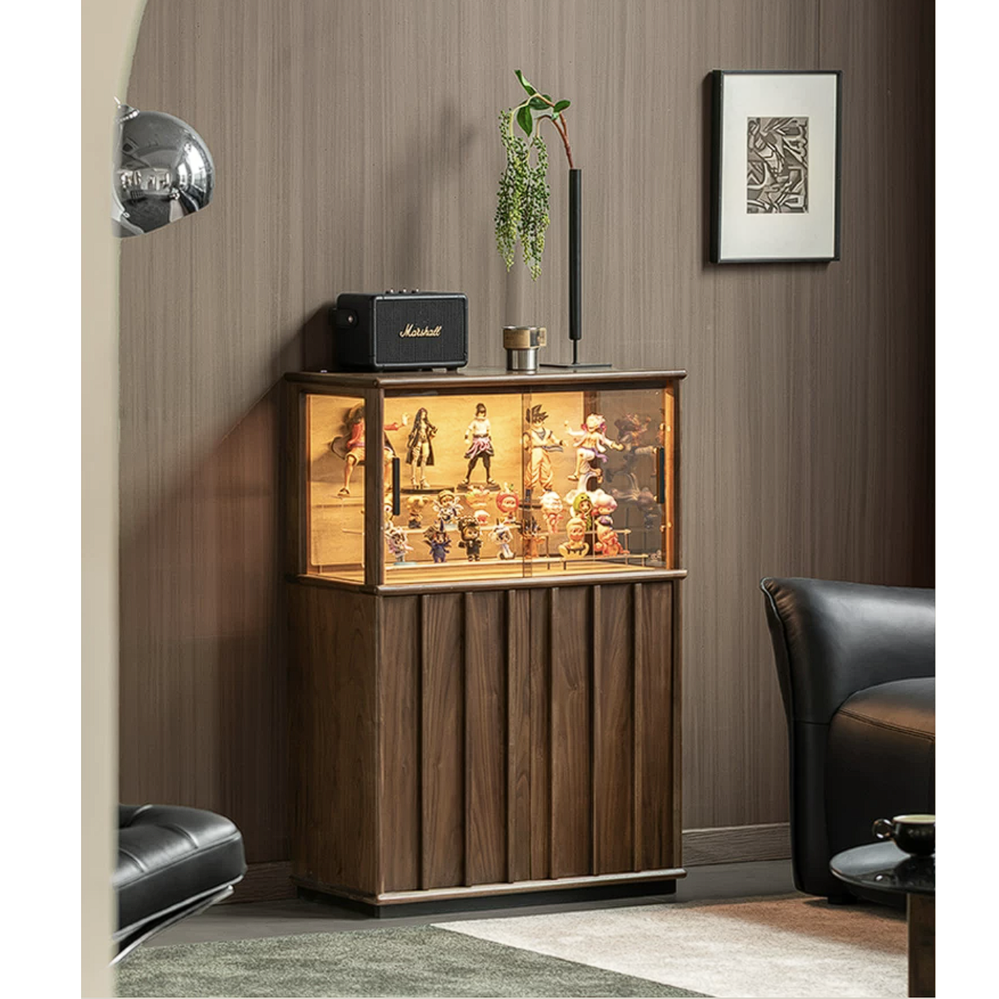 Black Walnut, Oak Solid Wood Side Cabinet with Modern Casual Display Design