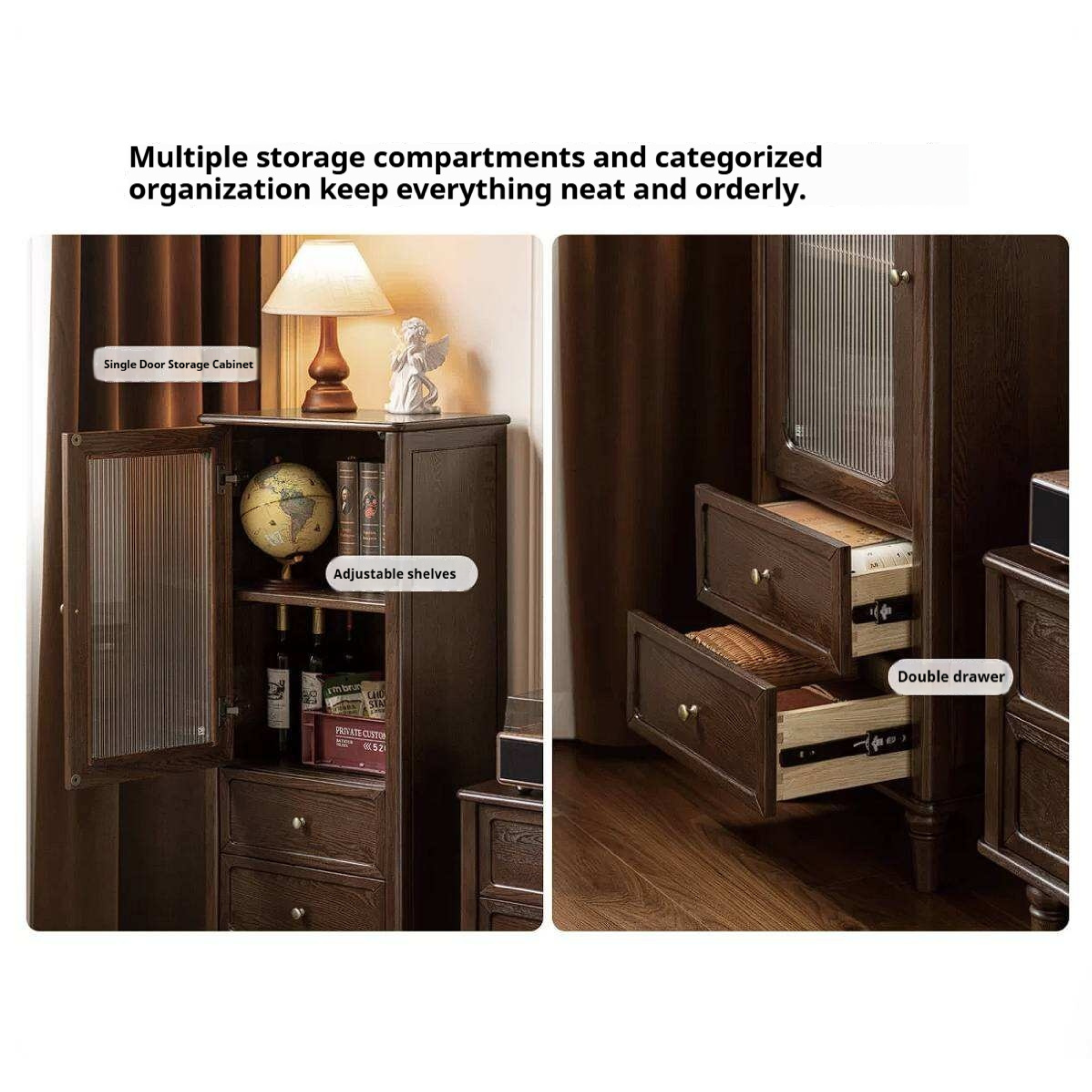 Ash Solid Wood Side Display Cabinet with Fluted Glass Doors