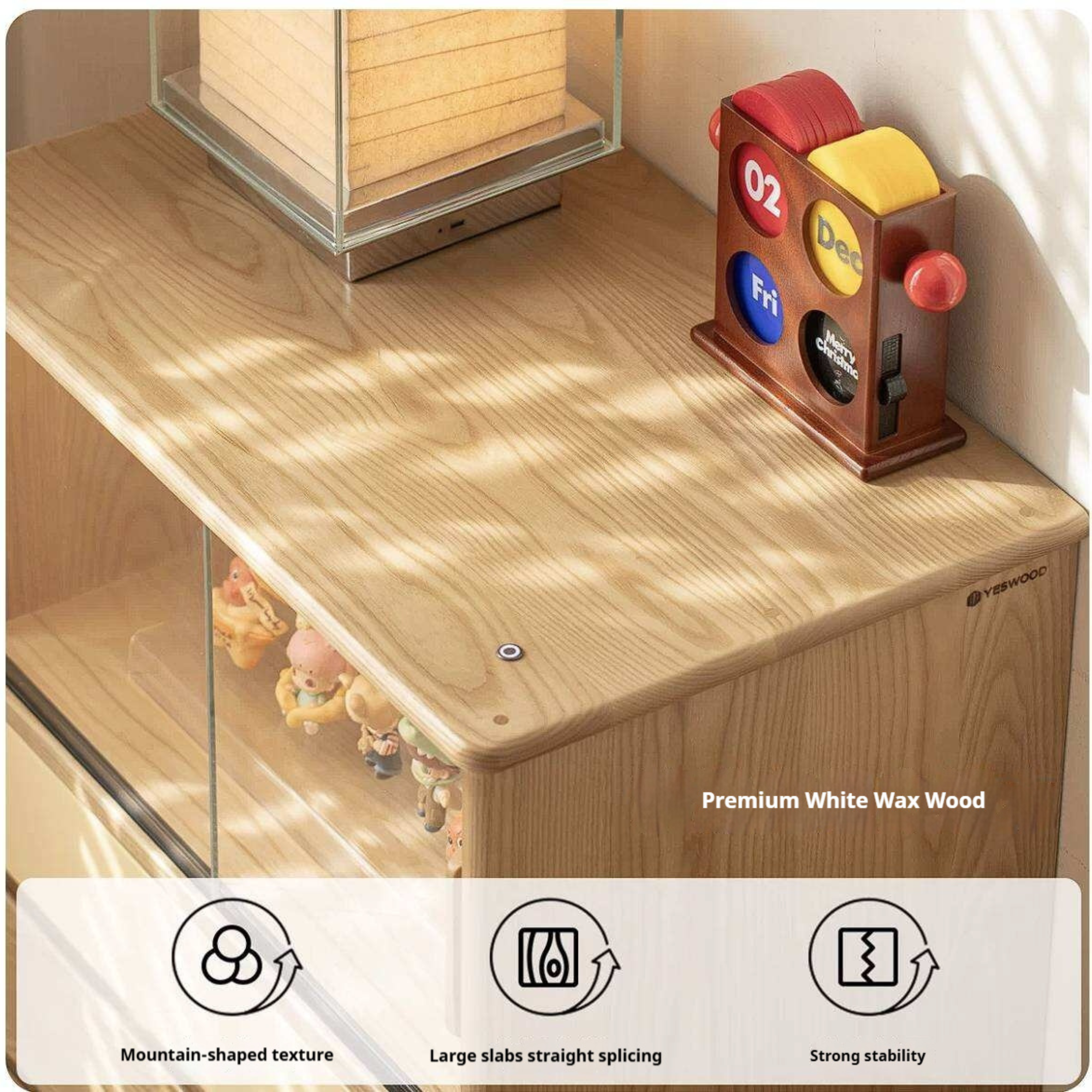 Ash Wood Solid Wood Side Cabinet with Glass and Light Showcase