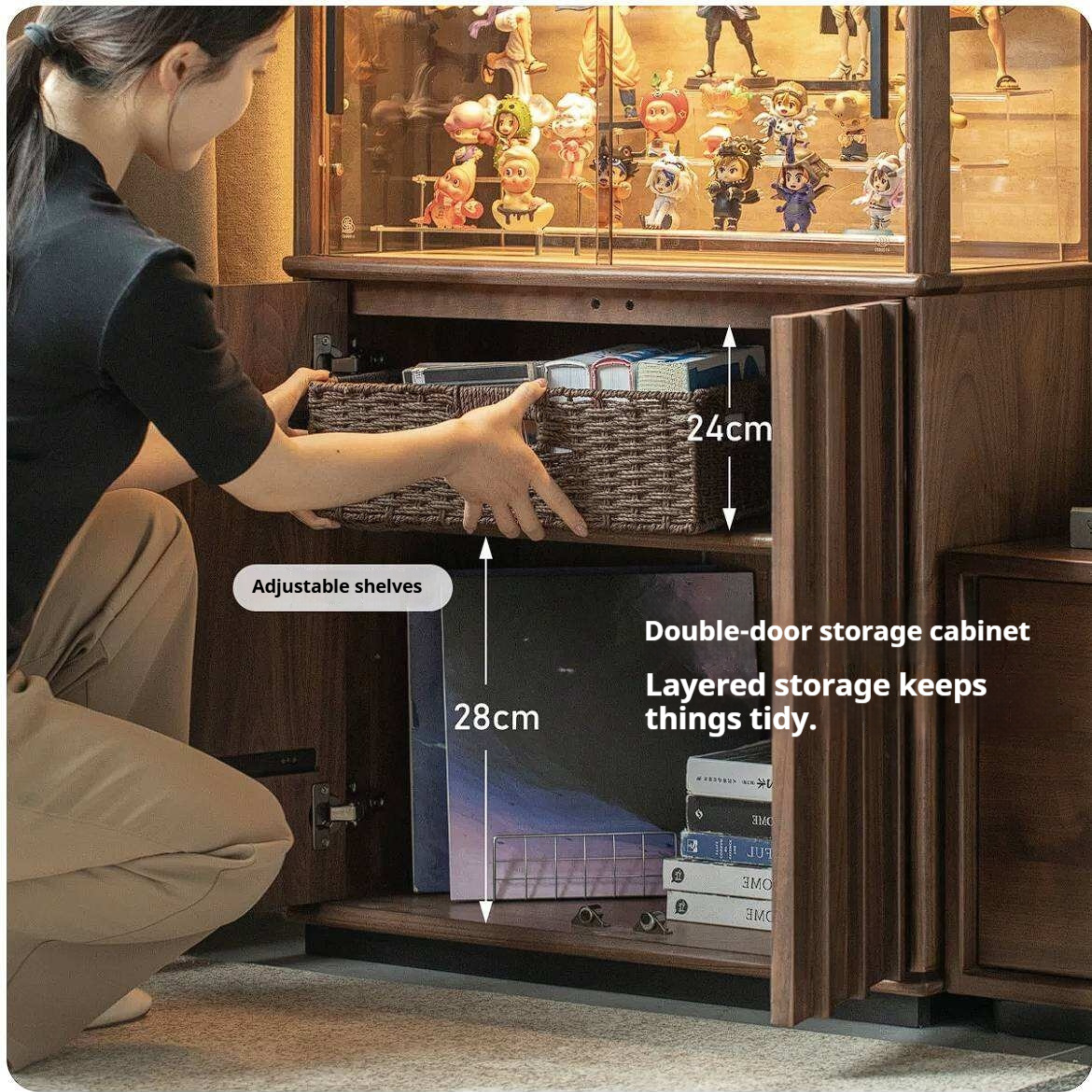 Black Walnut, Oak Solid Wood Side Cabinet with Modern Casual Display Design