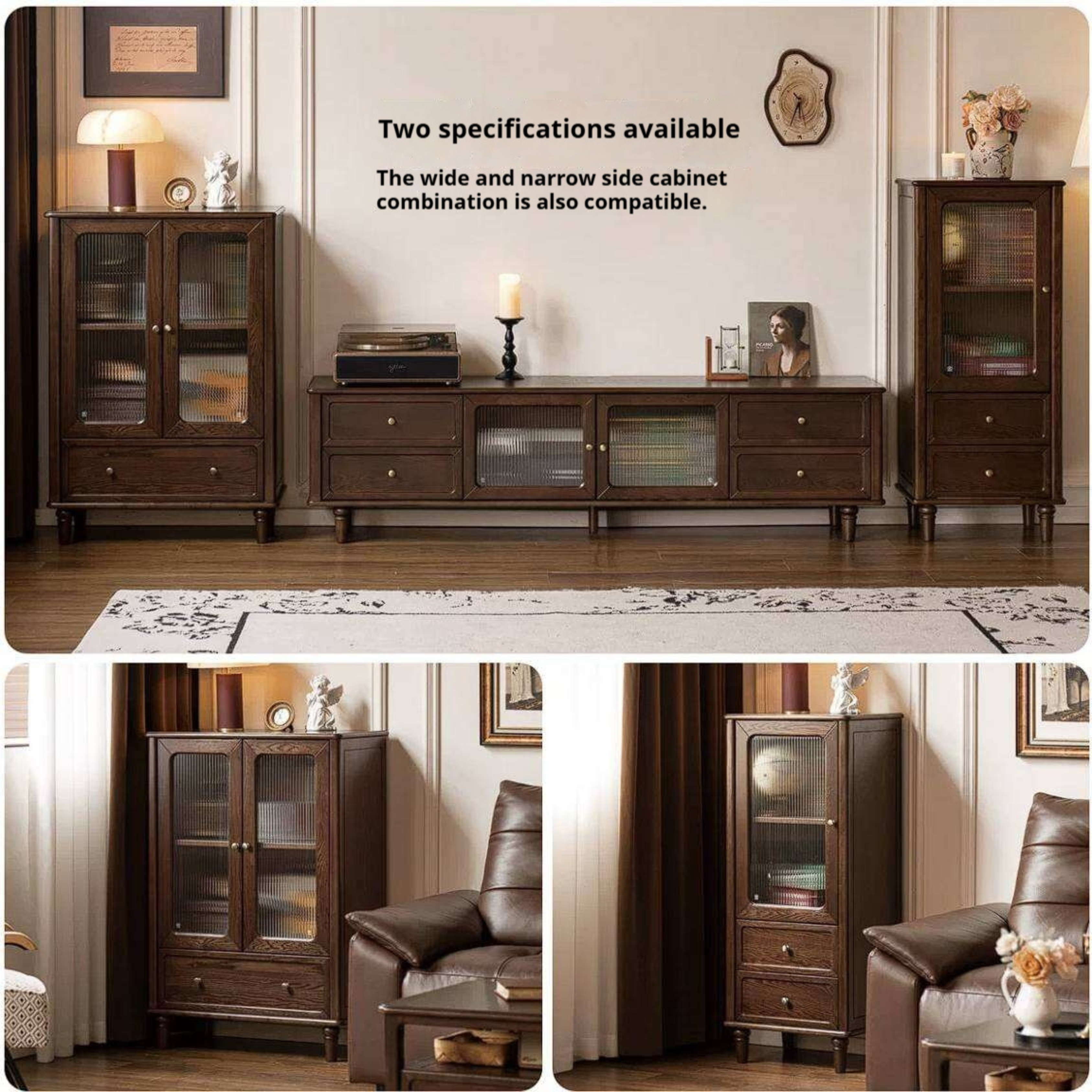 Ash Solid Wood Side Display Cabinet with Fluted Glass Doors