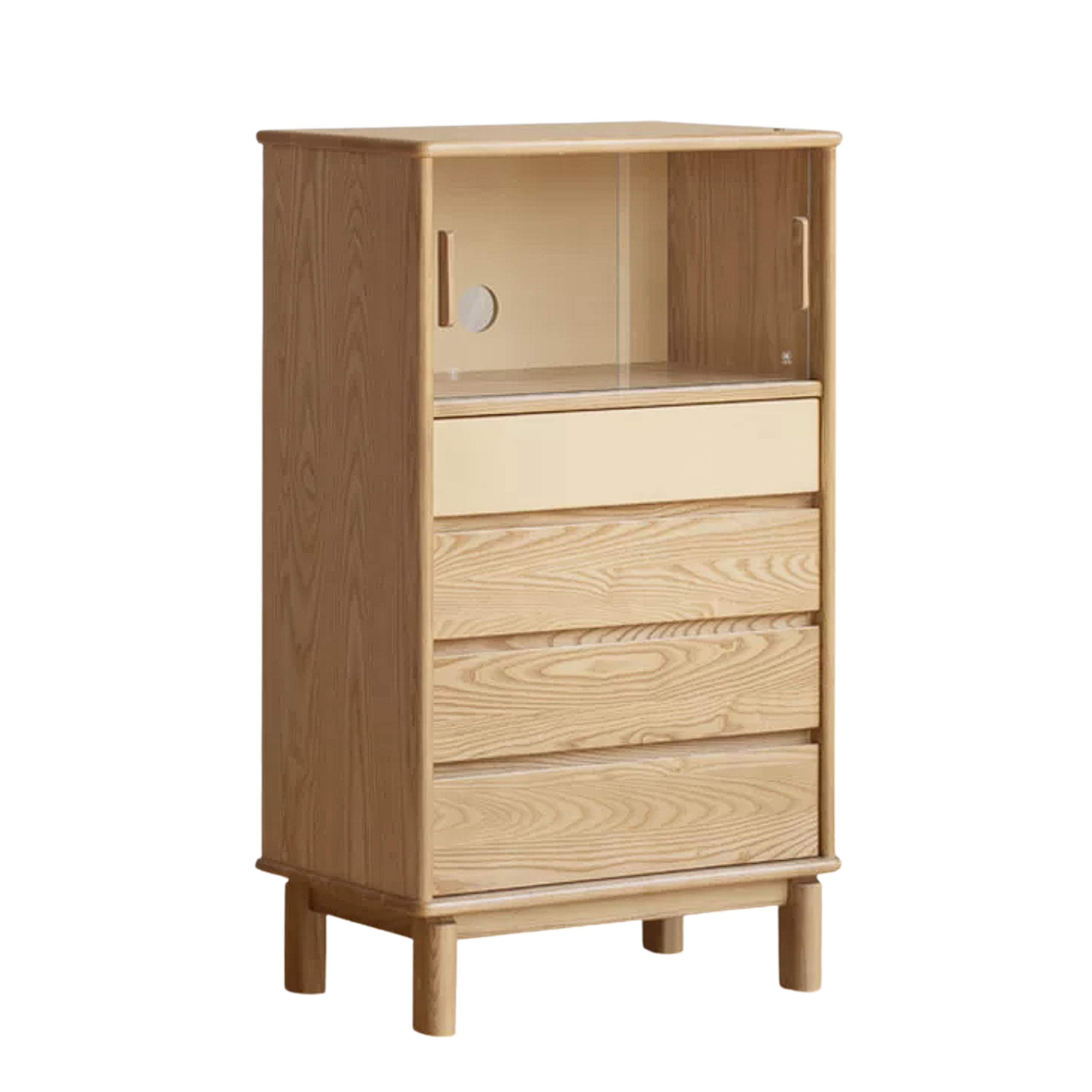 Ash Wood Solid Wood Side Cabinet with Glass and Light Showcase