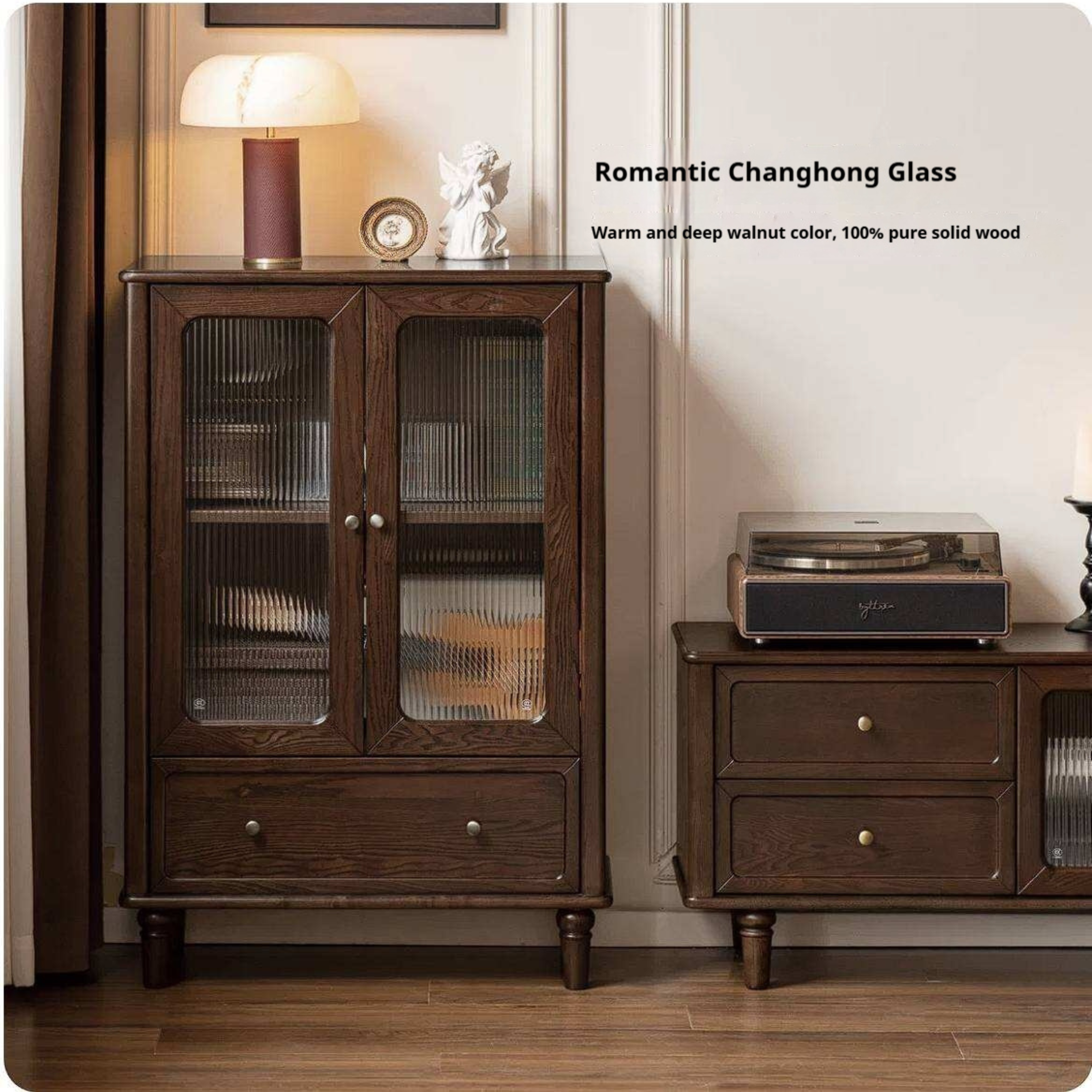 Ash Solid Wood Side Display Cabinet with Fluted Glass Doors