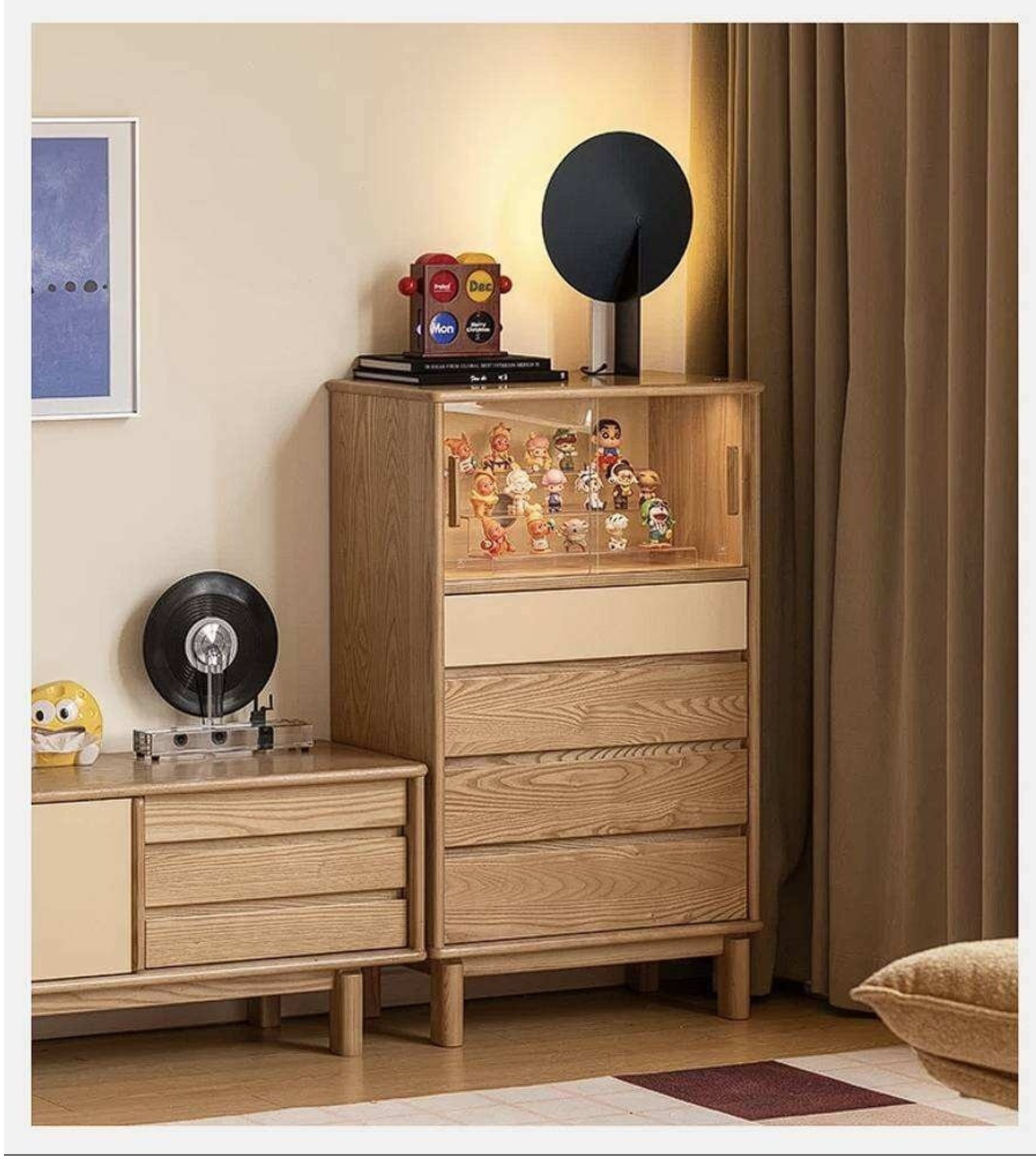 White Ash Wood Solid Wood Side Cabinet with Glass and Light Showcase