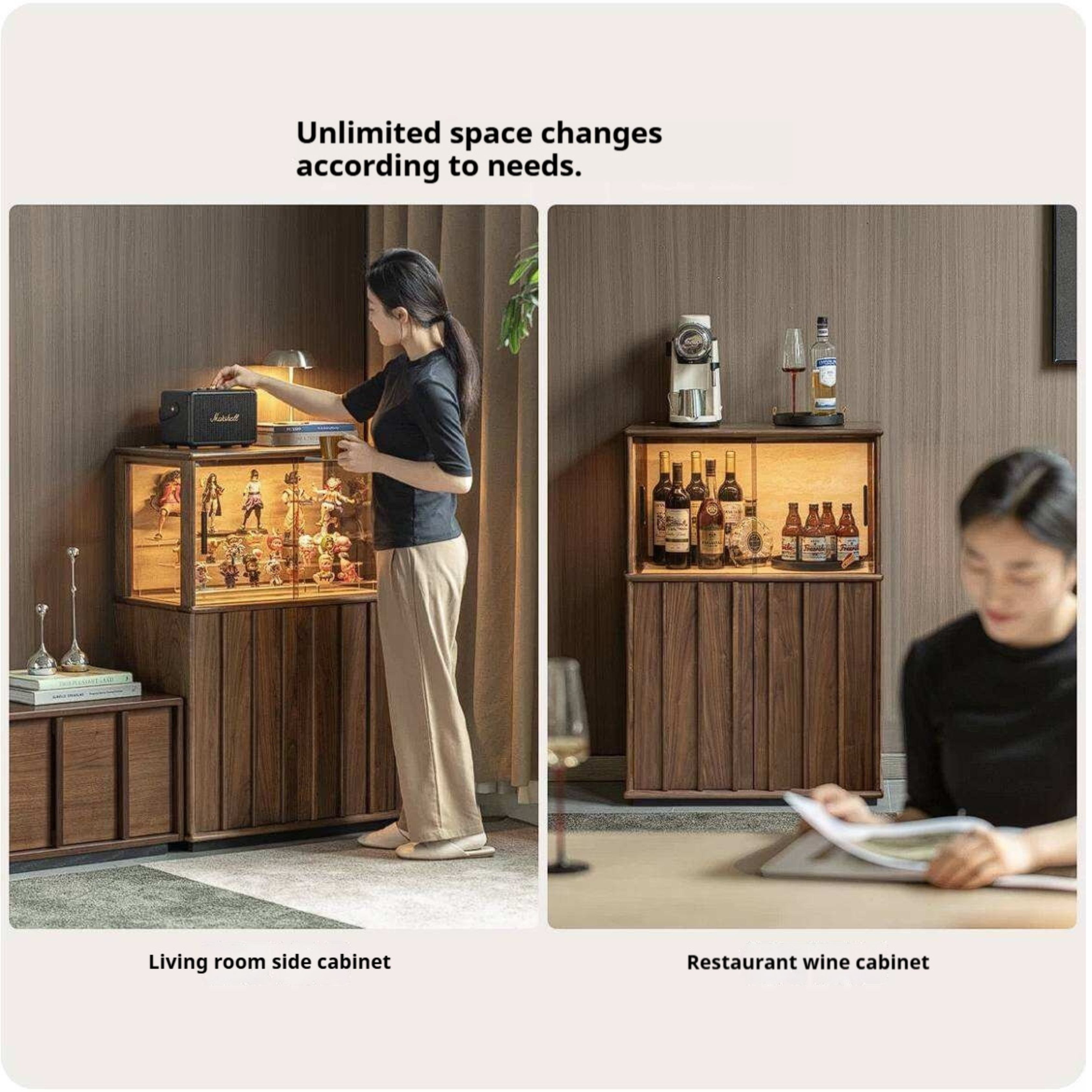 Black Walnut, Oak Solid Wood Side Cabinet with Modern Casual Display Design