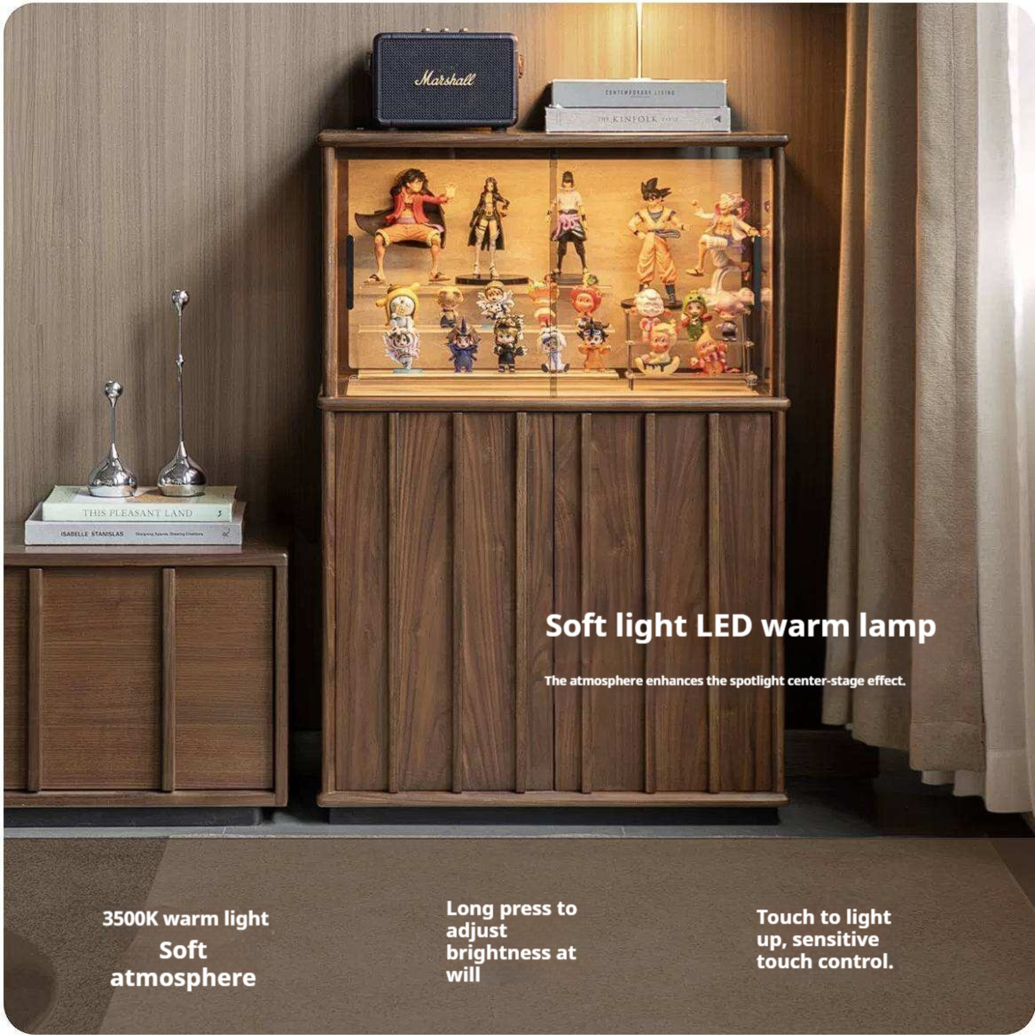 Black Walnut, Oak Solid Wood Side Cabinet with Modern Casual Display Design