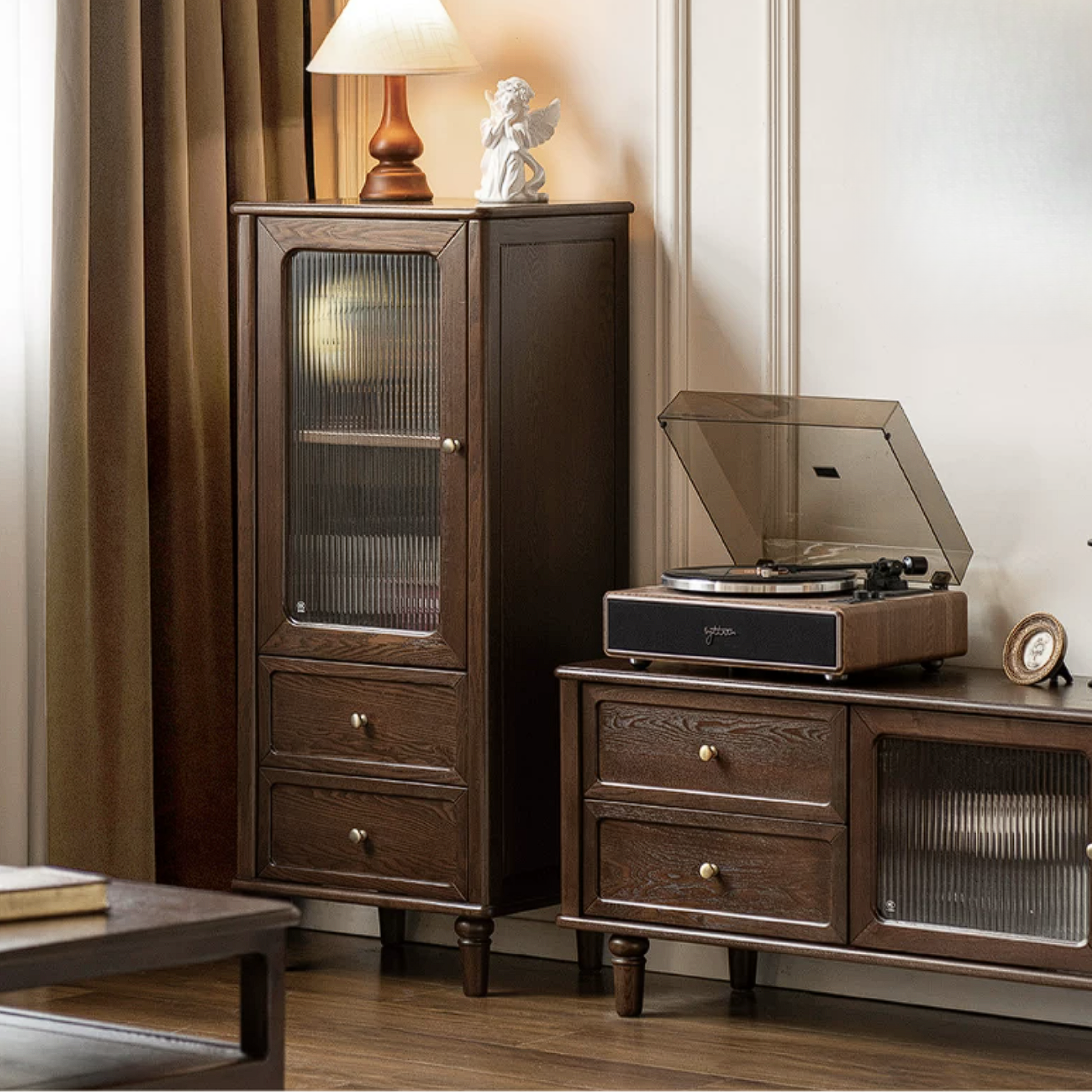 Ash Solid Wood Side Display Cabinet with Fluted Glass Doors