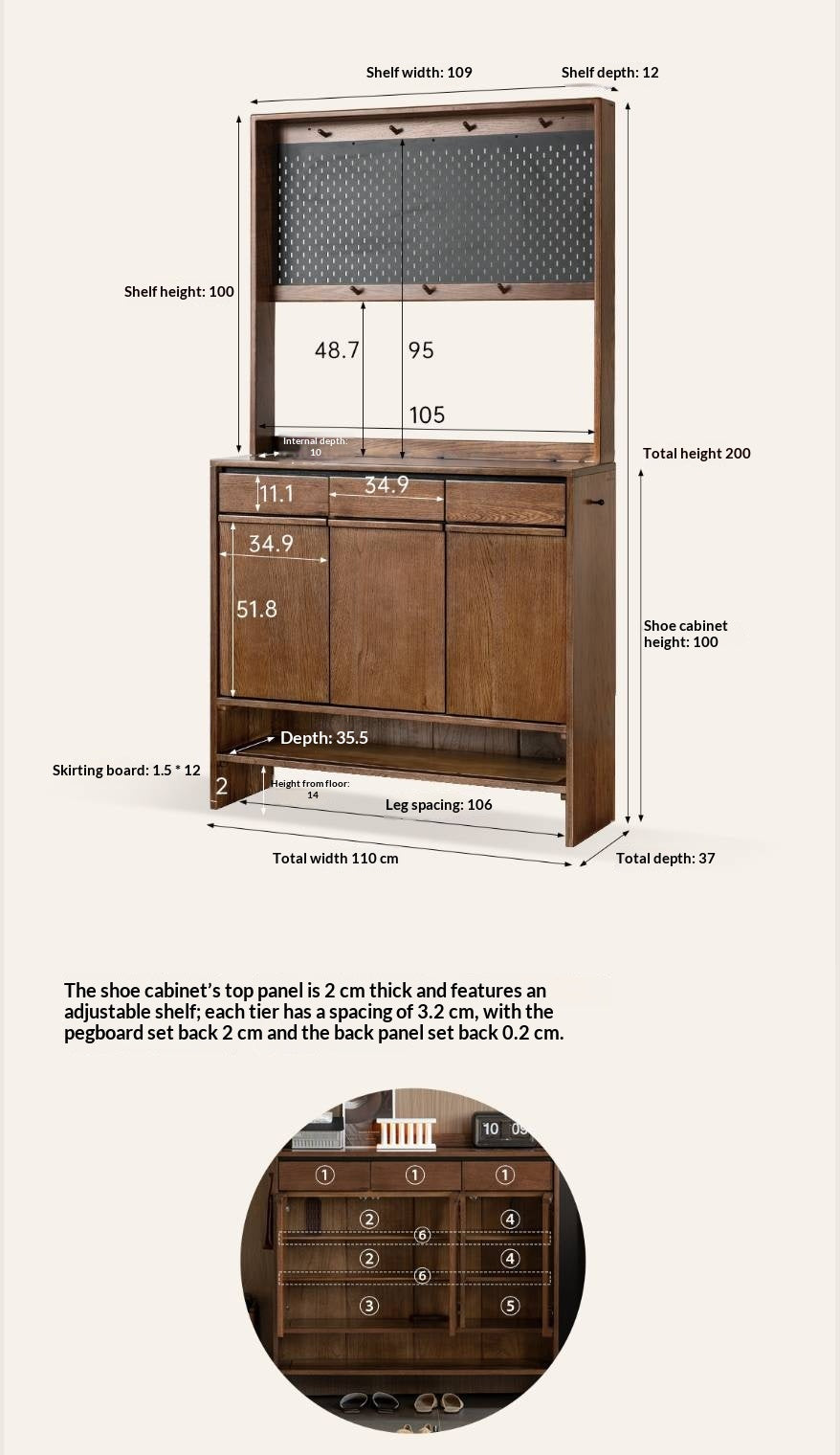 Oak Solid Wood Large Entryway Shoe Cabinet with Pegboard Hutch and Drawers, Walnut Finish