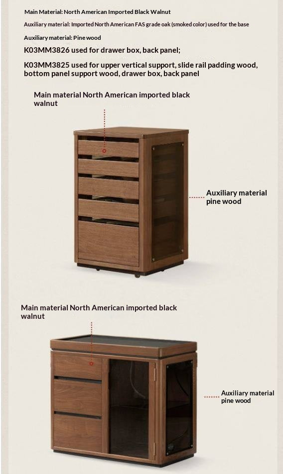 Black Walnut Solid Wood Tea Set Storage Rolling Side Cabinet with Fluted Drawers