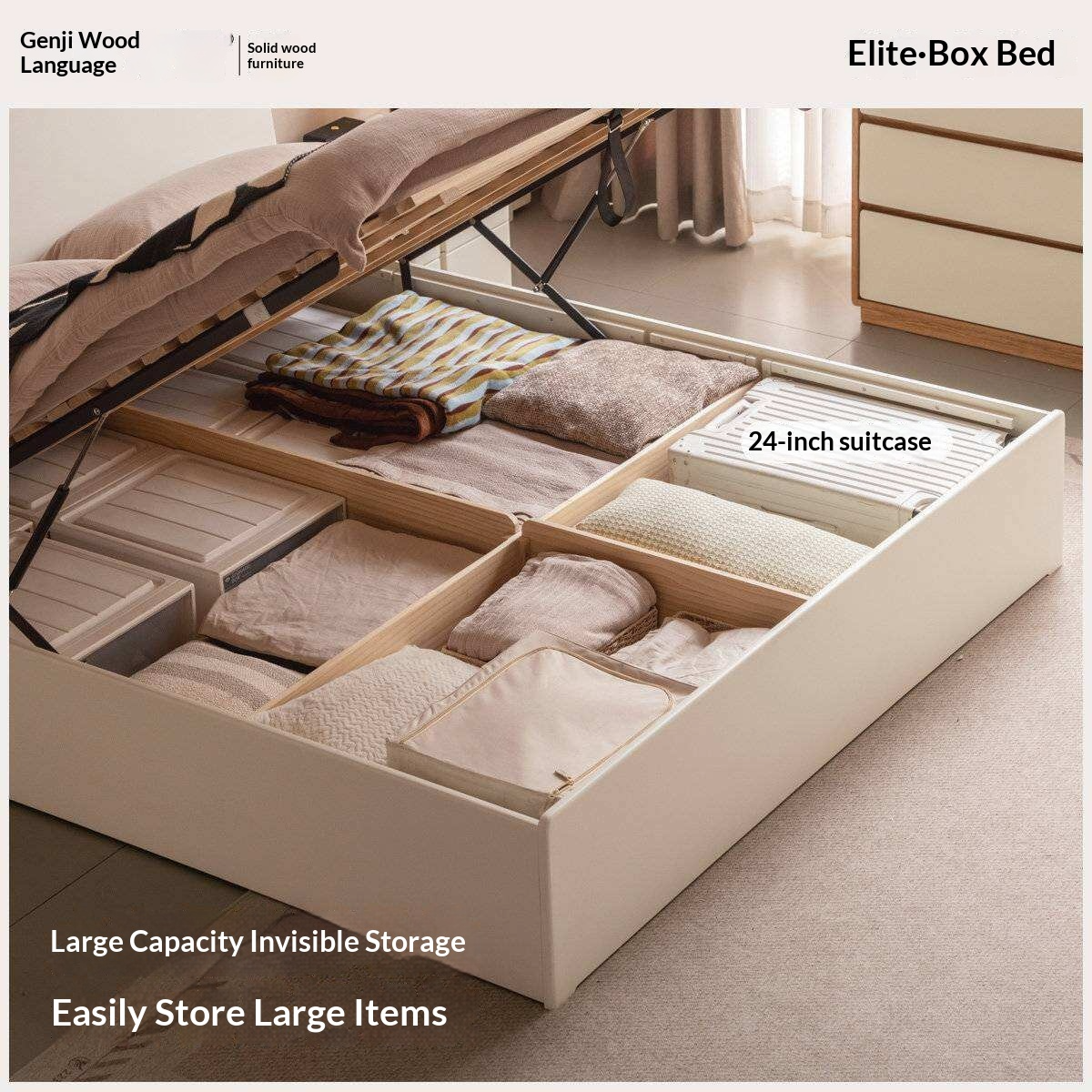 Rubberwood Solid Wood White Cream Gas Lift Storage Bed