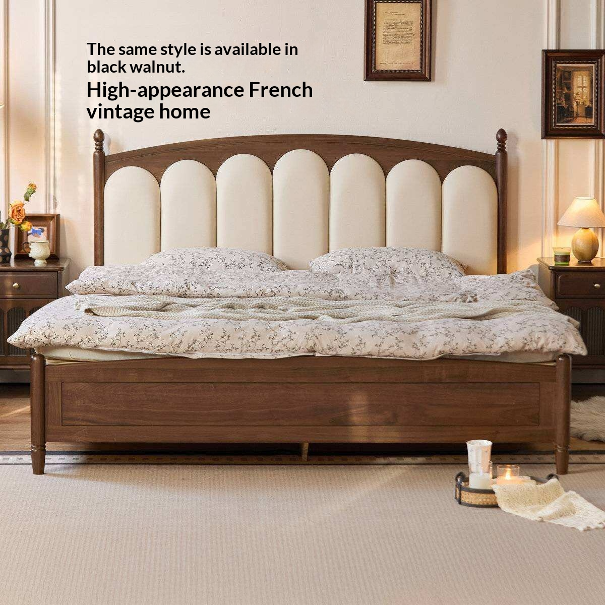 Oak Solid Wood Box Bed with Upholstered Vertical Channel Tufted Arched Headboard