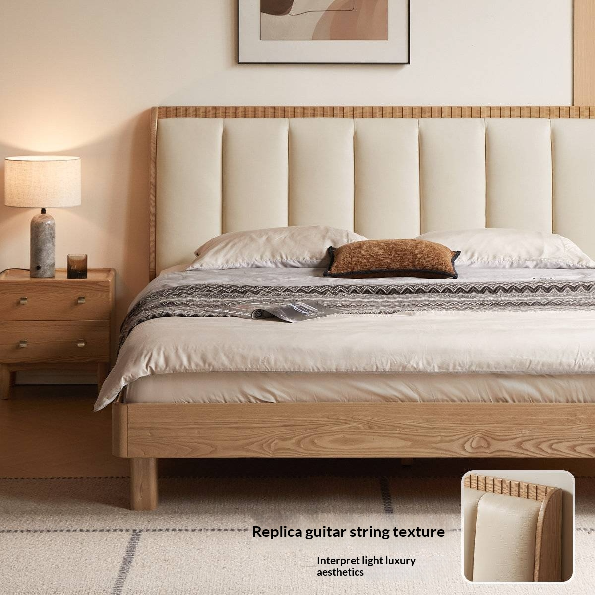 Ash Solid Wood Bed with Genuine Leather Upholstered Headboard