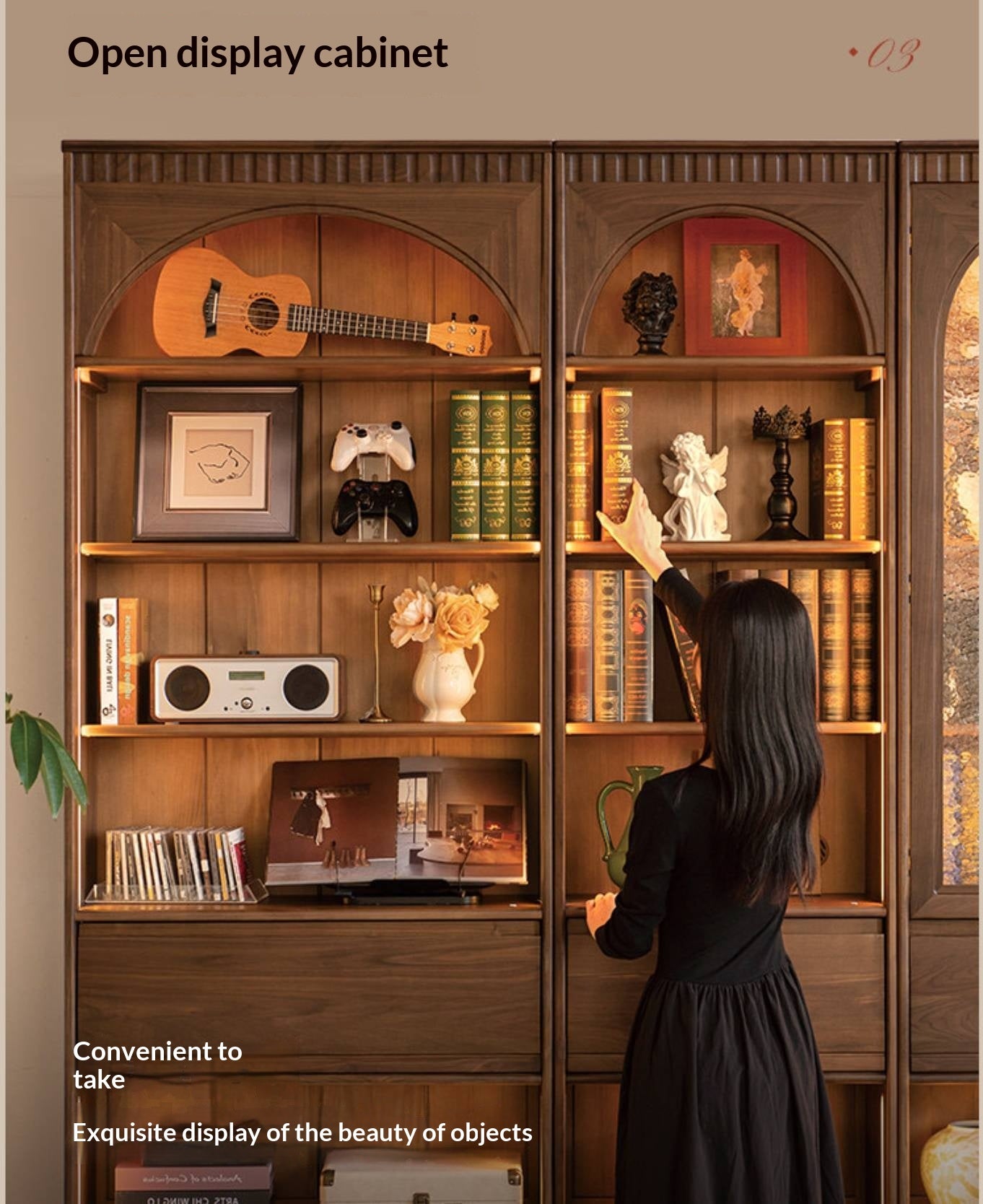 Black Walnut, Solid Sandalwood Arched Vintage Bookcase with Glass Door and Storage Drawer