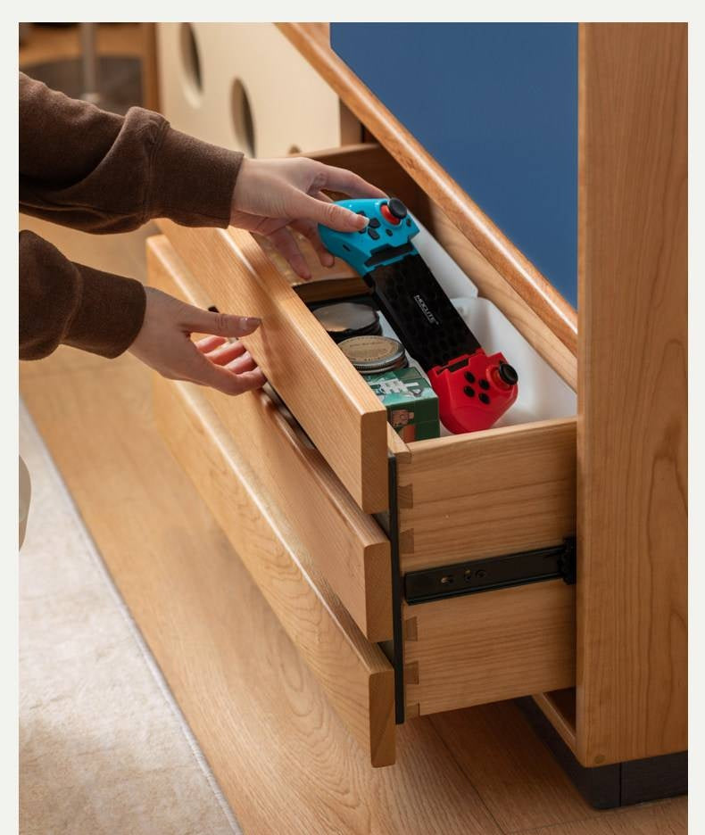 Cherry Solid Wood Vintage TV Stand with Wall-Mounted Tall Cabinet Design