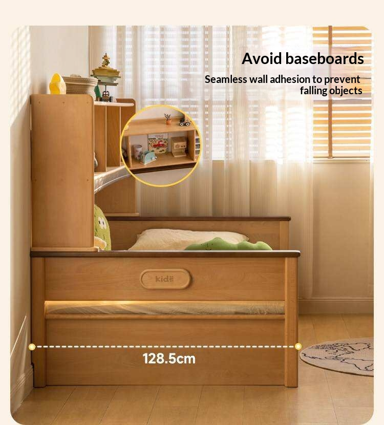 Beech Solid Wood Kids Storage Bed with Bookcase Headboard and Gas Lift Base