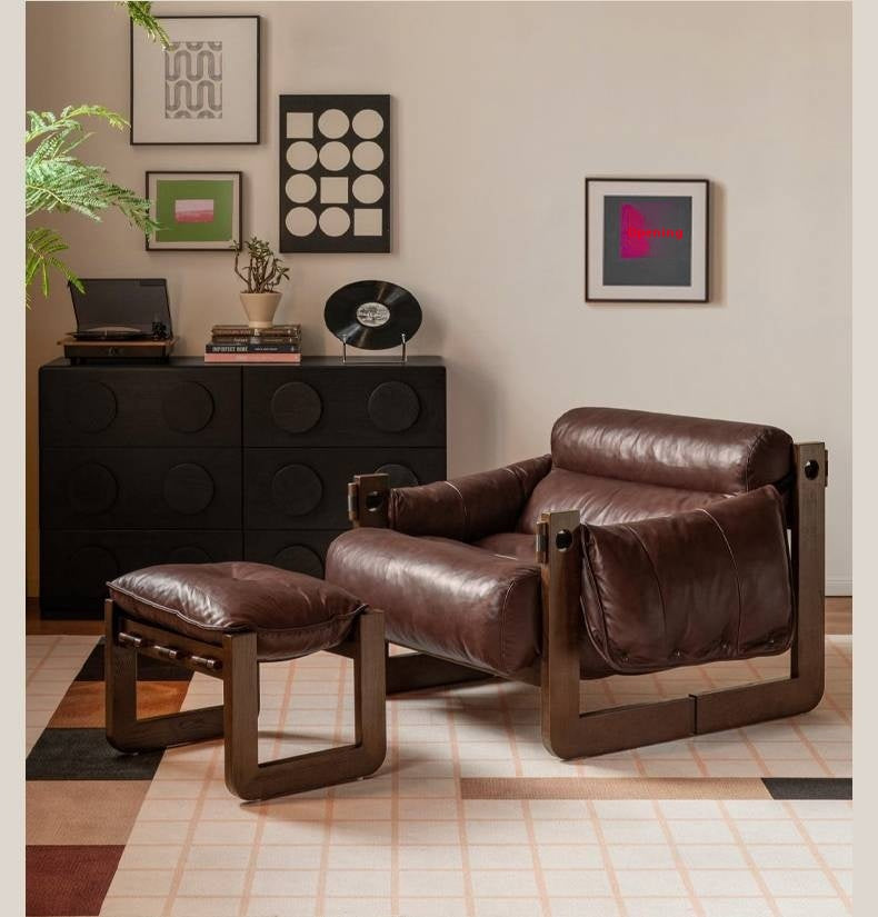 Genuine Leather Ash Solid Wood Sofa Chair, Mid-Century Style, Jersey Island Collection