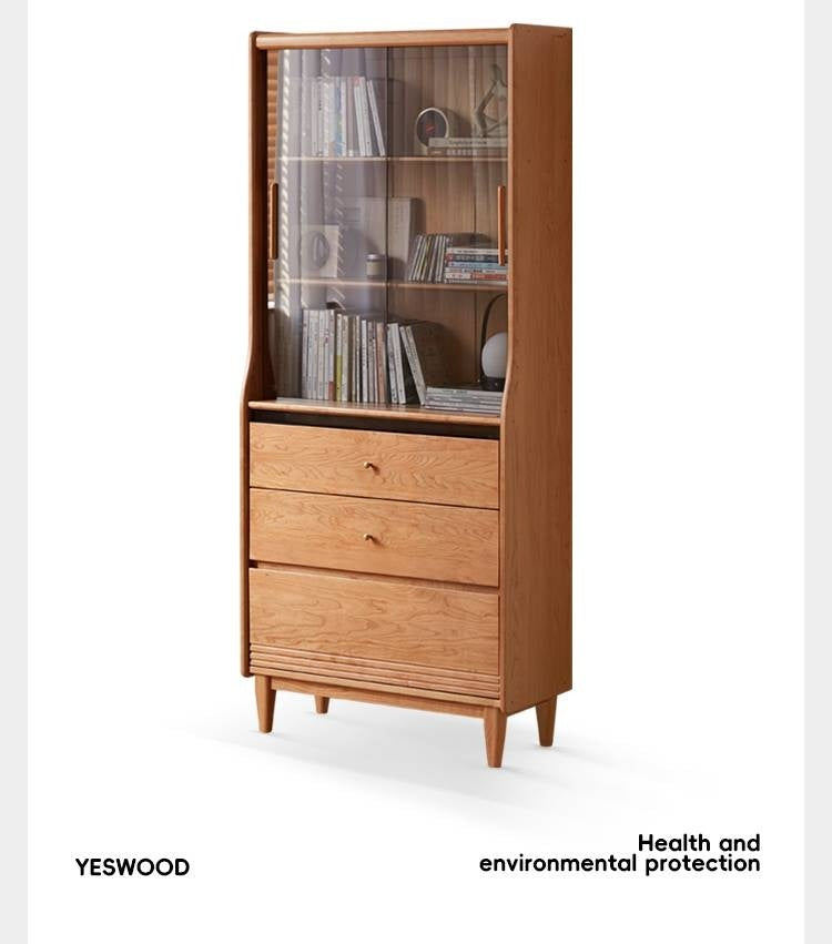 Cherry Solid Wood Glass Bookcase.