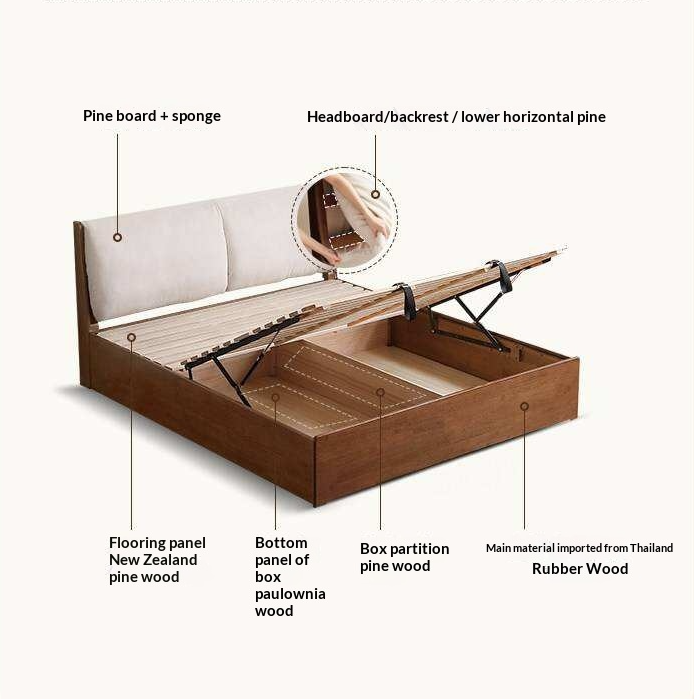 Rubberwood Solid Wood Storage Bed with Lift-Up Base and Soft Upholstered Headboard