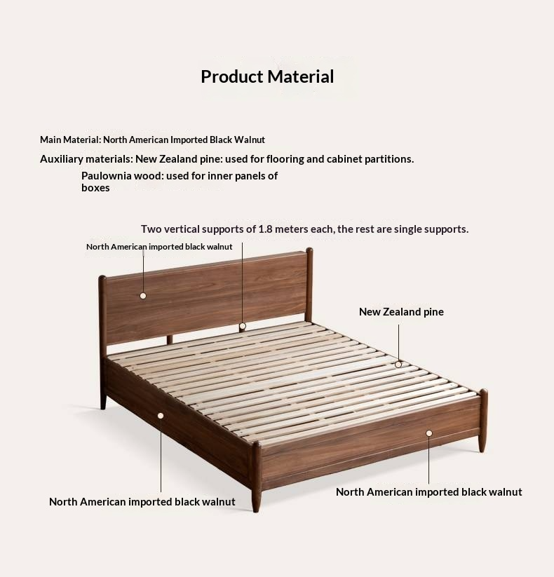 Black Walnut Solid Wood Adjustable Storage Bed with Flat Panel Headboard