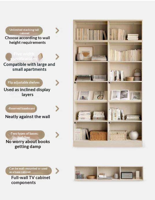 Oak Solid Wood Bookshelf Storage Rack Cream Style Full Wall Cabinet