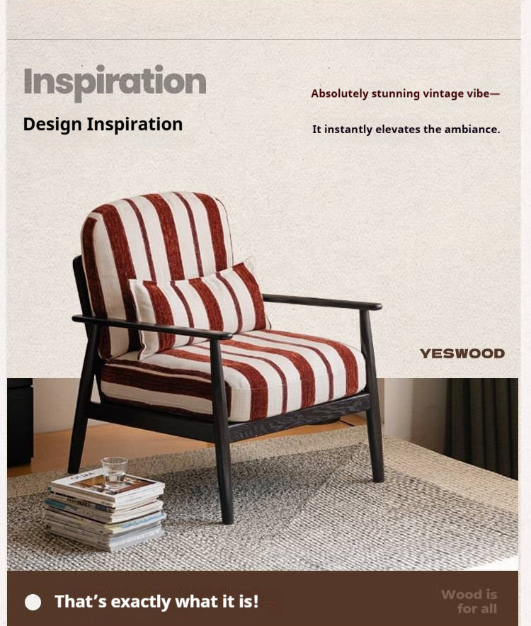 Oak Solid Wood Accent Chair Striped Cushions, French Vintage Style