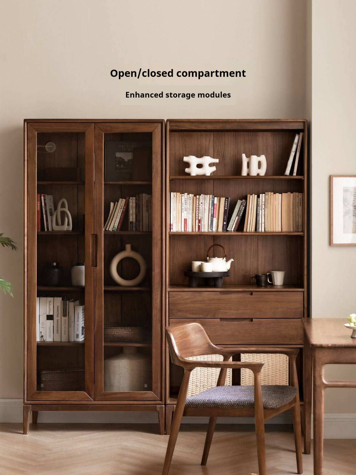 Black Walnut, Ash Solid Wood Combination Dust-Proof Glass Door Bookshelf