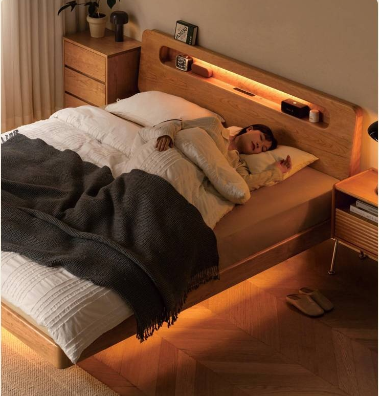 Cherry Solid Wood Retro with Socket Night Light Bed