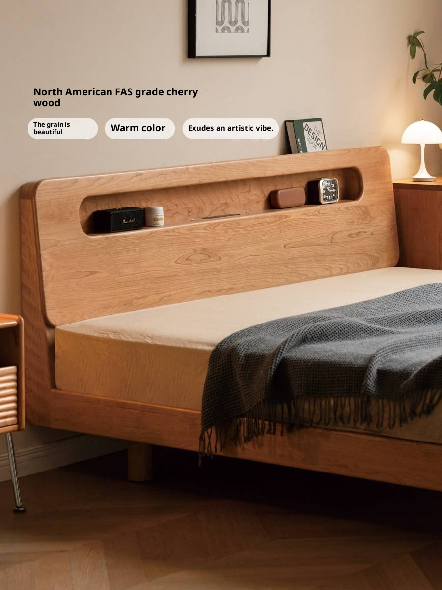 Cherry Solid Wood Retro with Socket Night Light Bed