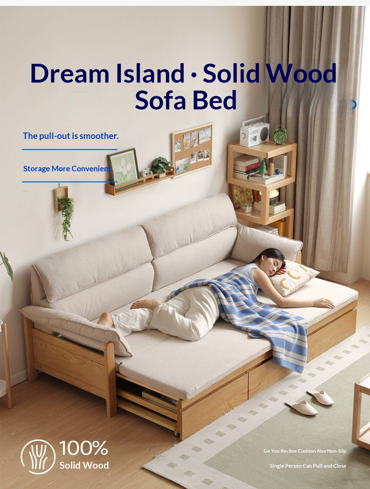 Oak Solid Wood Sofa Bed with Under-Seat Storage Drawers