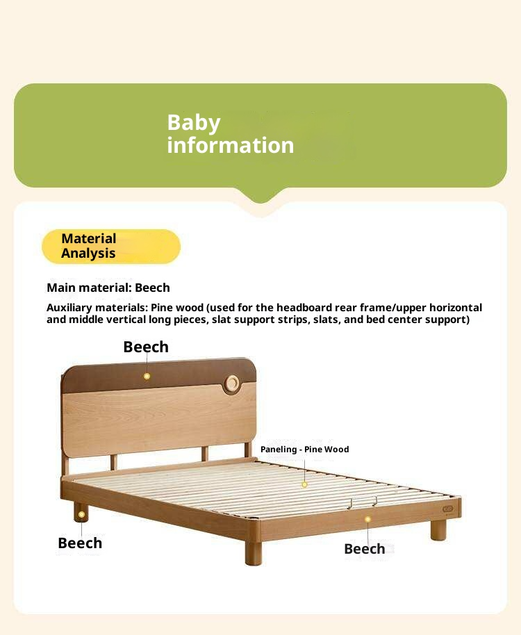 Beech Solid Wood Kids Montessori Platform Bed with Adjustable Headboard